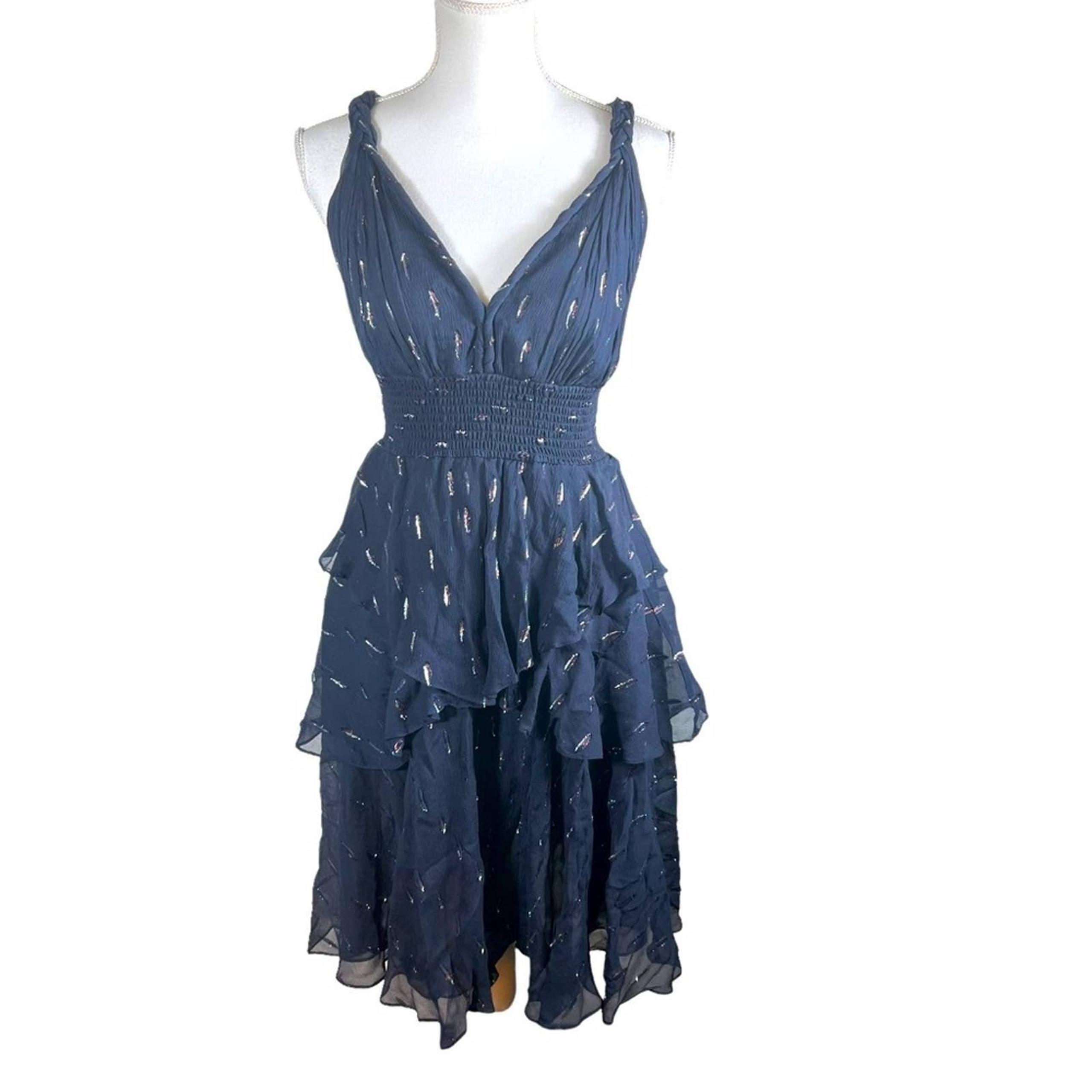 Rebecca Taylor Navy Blue Metallic Clip Tiered Silk dress