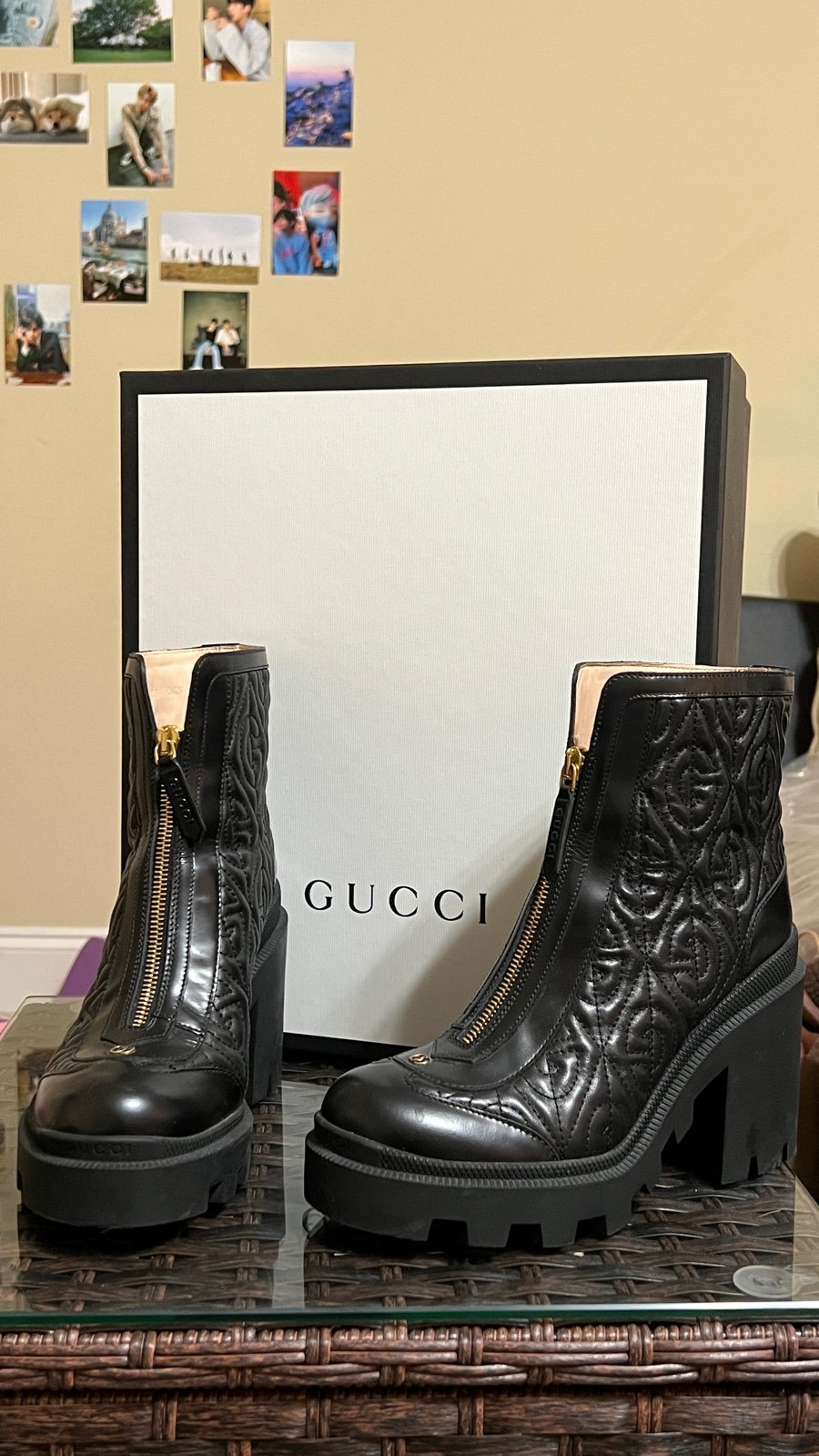 GUCCI leather ankle boots US size 5.5 platform black boots with box