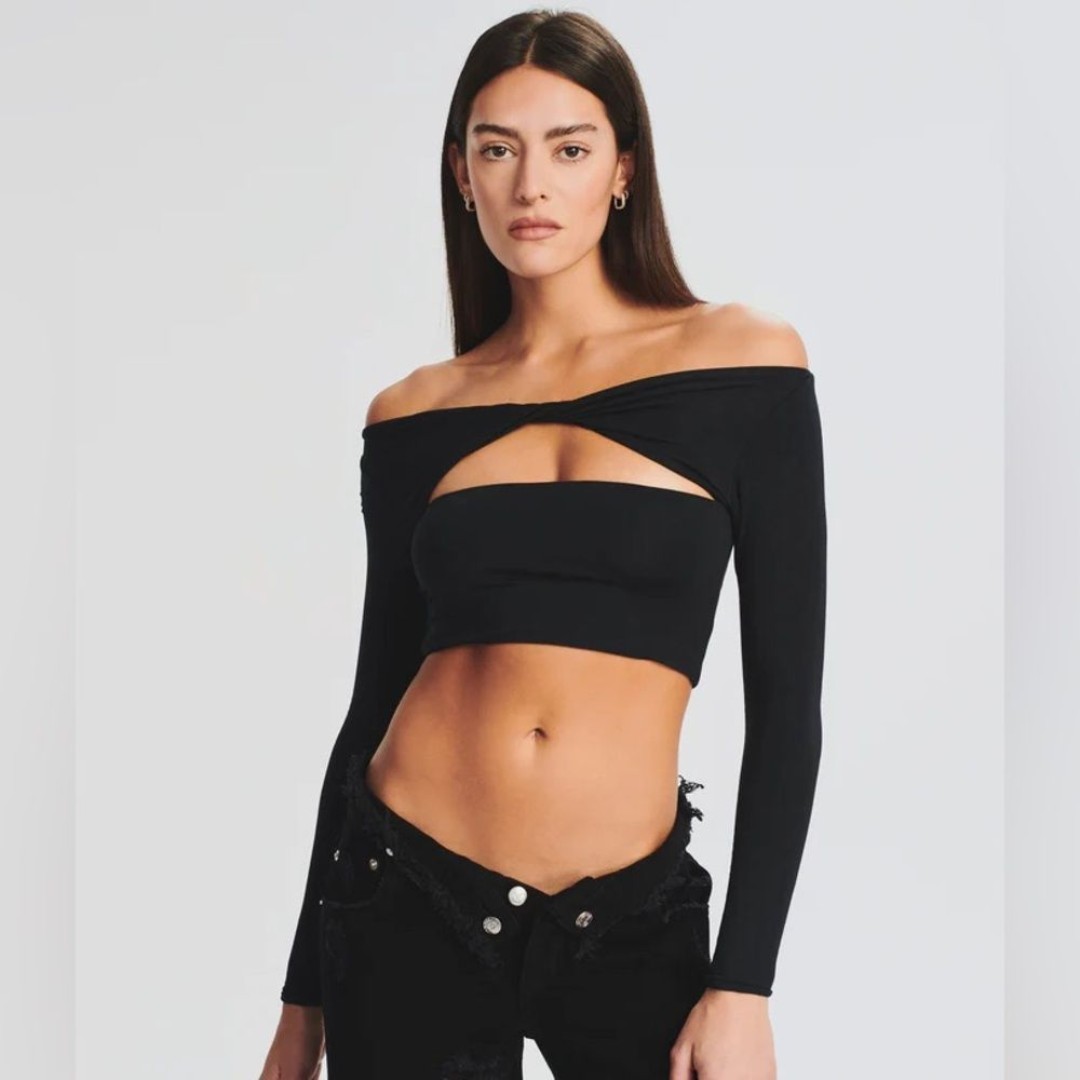 SER.O.YA Ellis Top XS Black Cut Out Twist Long Sleeve Crop Top Night Out 90s