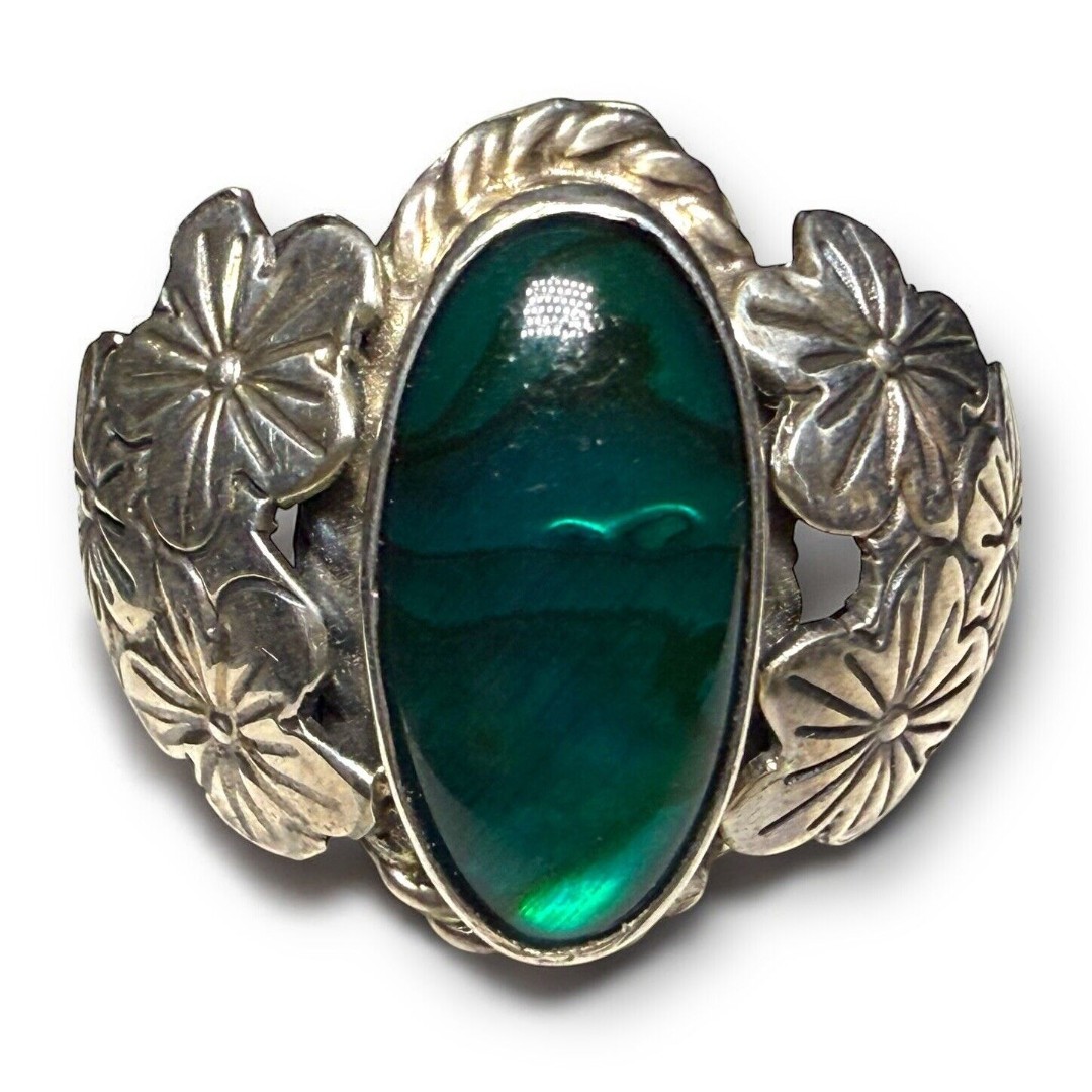 Vintage Native “Betty Thomas” Signed Size 9.5 Paua Shell Sterling Ring