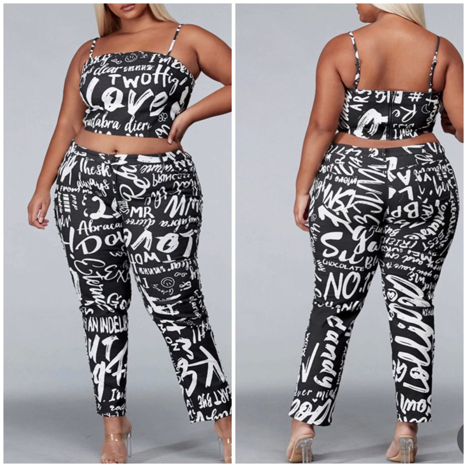 PLUS SIZE SLEEVELESS 2PC. TOP & PANTS GRAPHIC DENIM SET