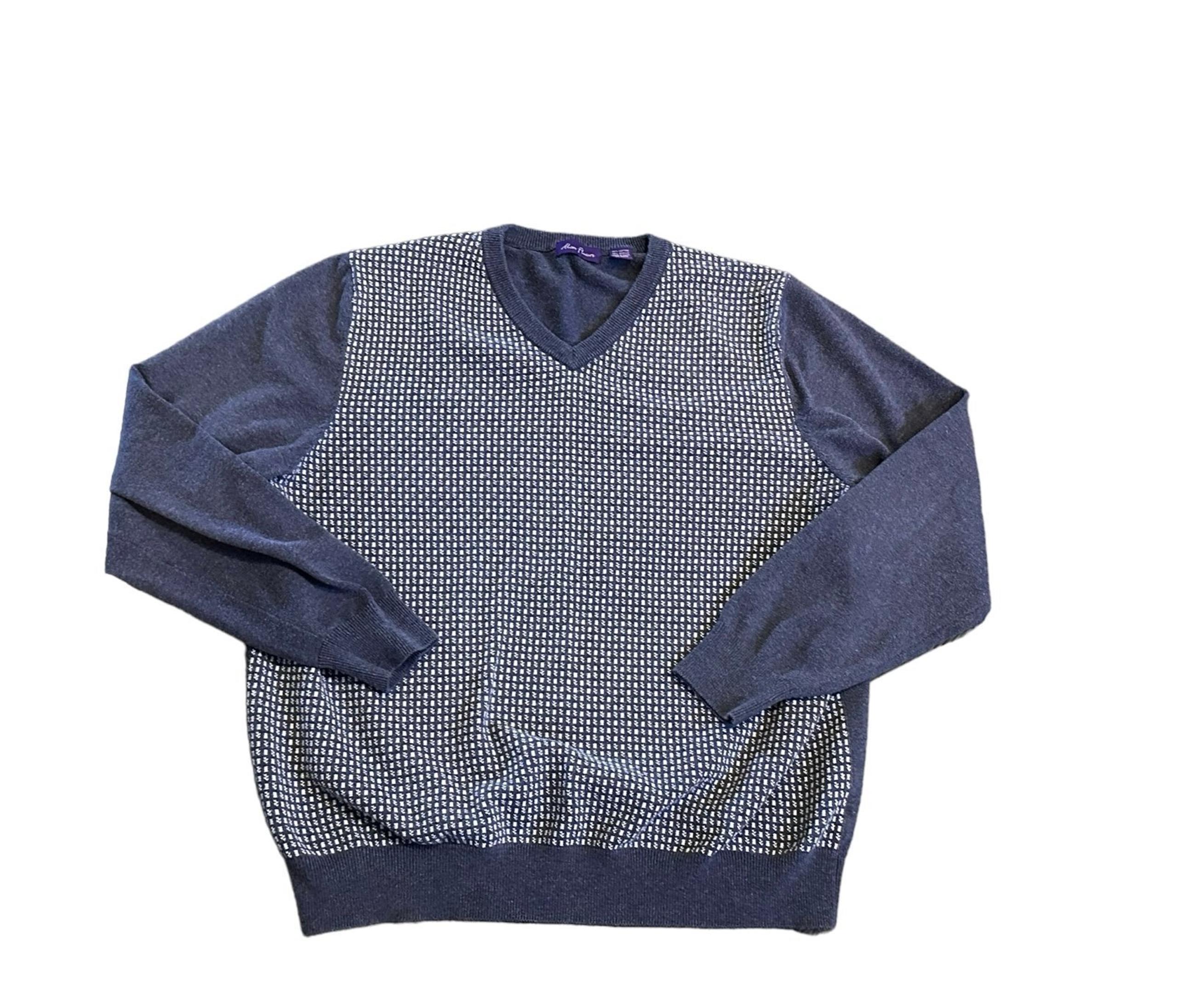 Alan Flusser Men’s Heather Navy and White Design V Neck Sweater Size X-Large