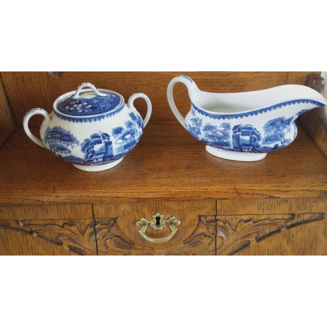 Vintage Creamer and Sugar Bowl Staffordshire England Old Tower Blue