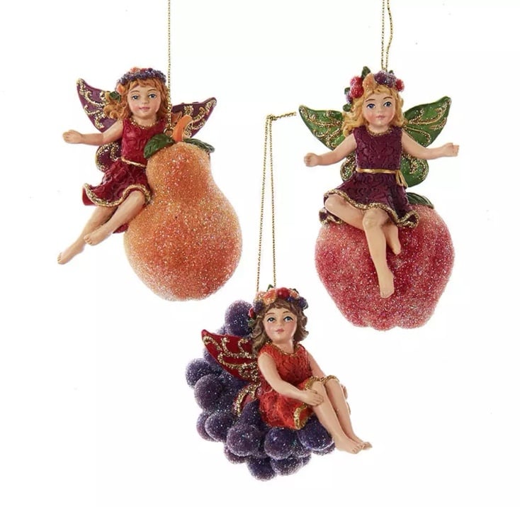 Kurt Adler Sugar Frost Fairy On Fruit Christmas Ornaments Set