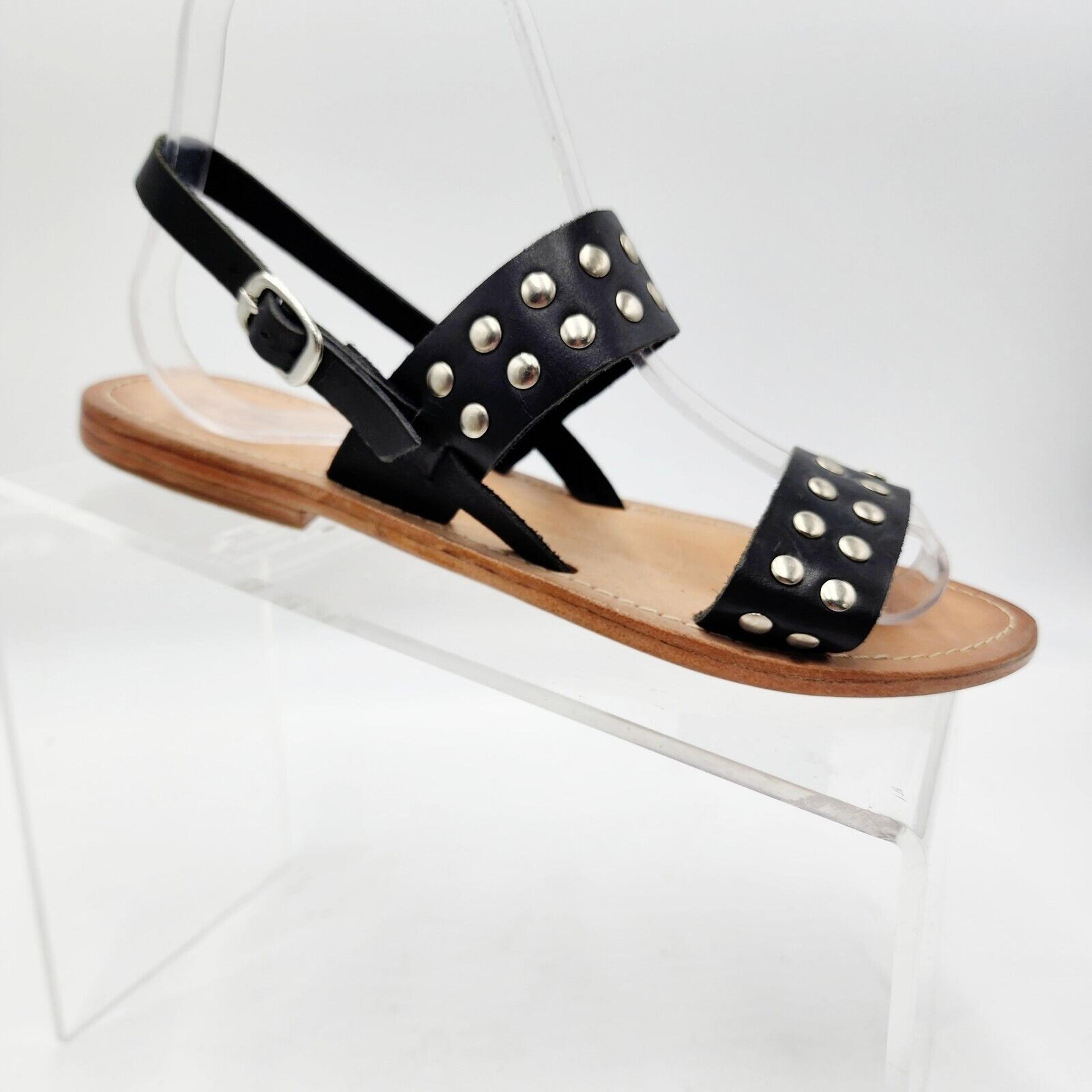 Urban Outfitters Womens 7 Black Leather Studded Strappy Sandals Flat Slingback