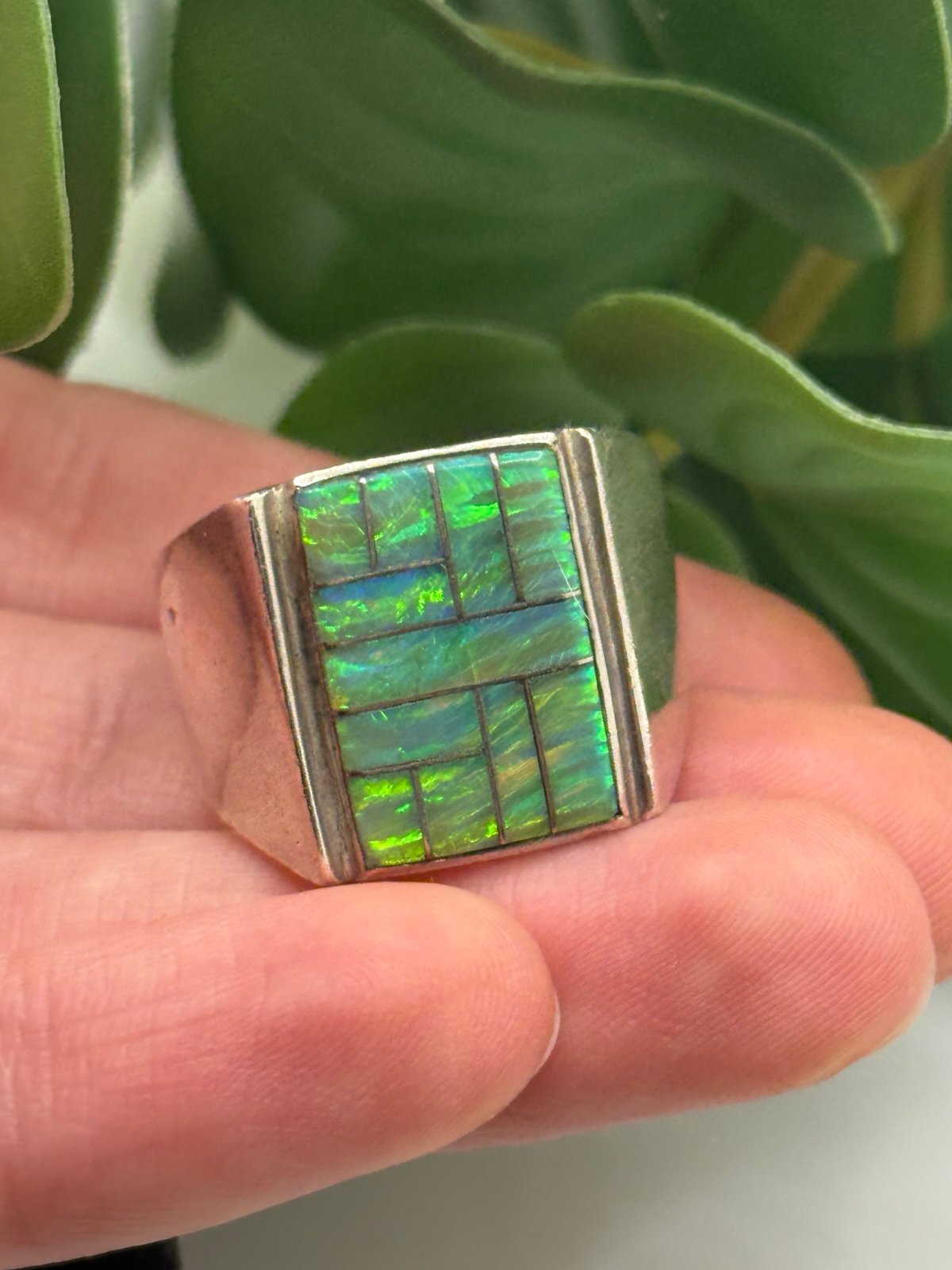 Vintage Sterling Silver Fire Opal Inlay Signet Ring