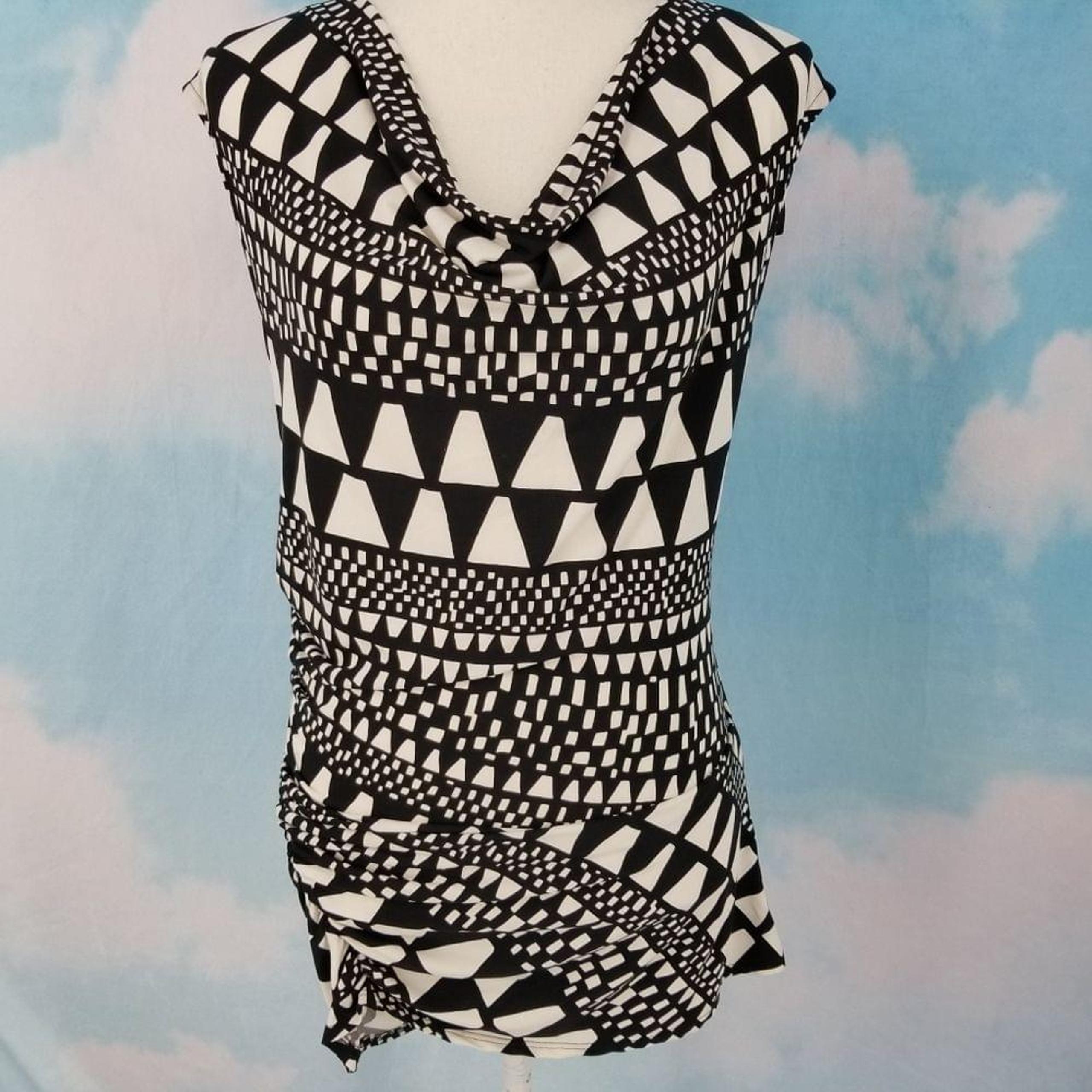 Vince Camuto Geometric Print Cowl Neck Ruched Side Tunic Small