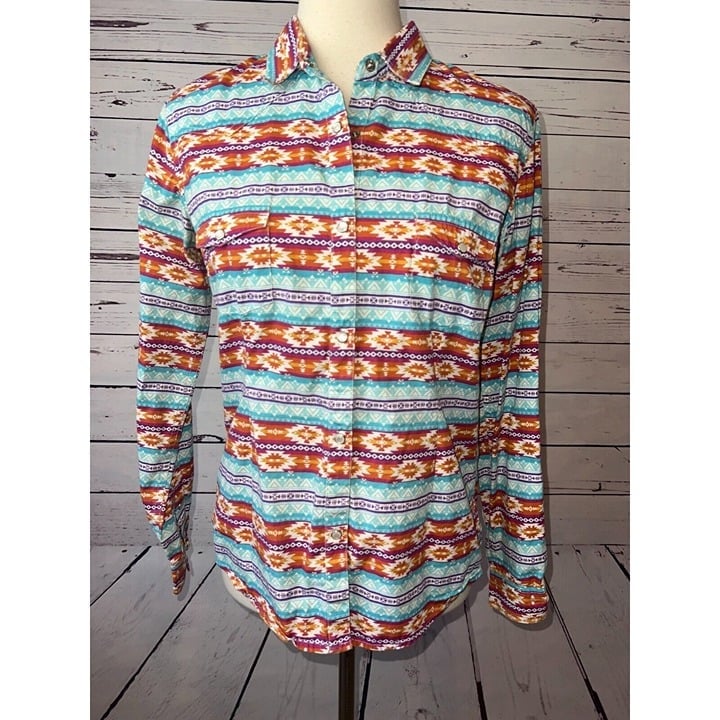 Panhandle Western Top Womens Medium Aztec Southwest Pearl Snap Cowgirl Rodeo