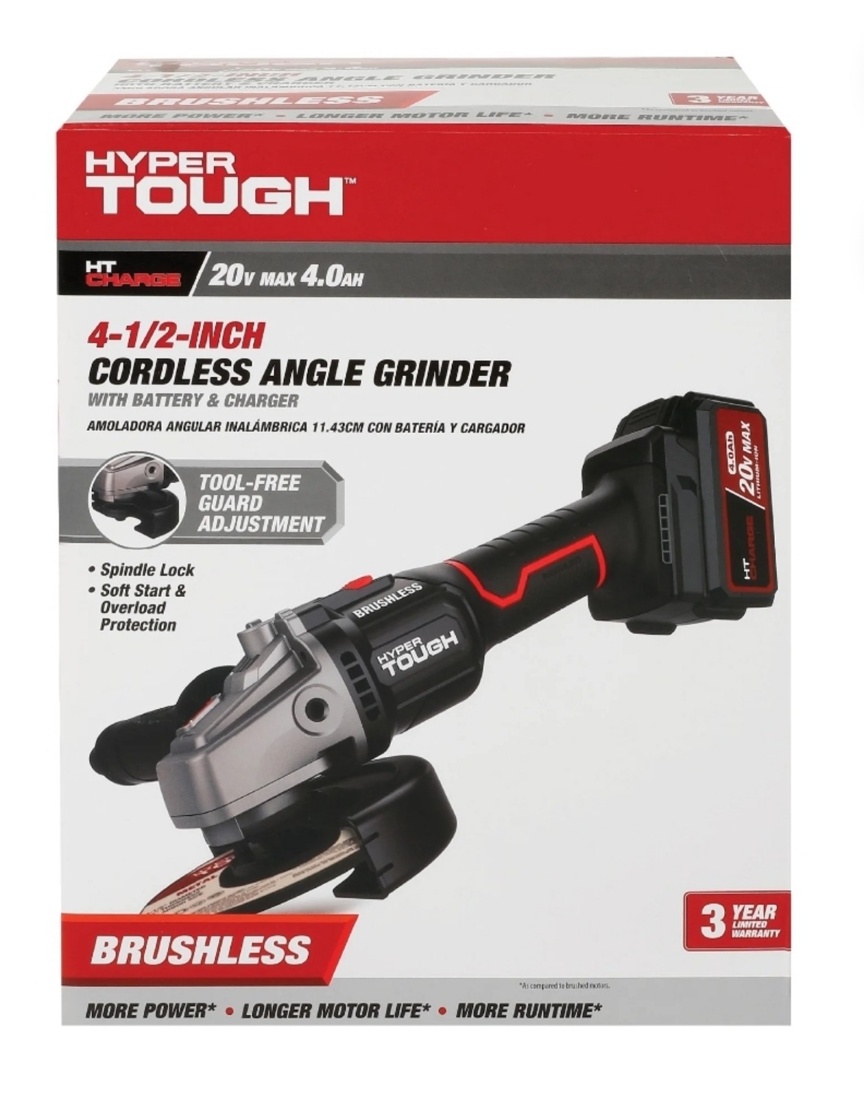 Hyper Tough 20V Max Brushless 4.5-inch Cordless Angle Grinder with 4.0Ah Lithium