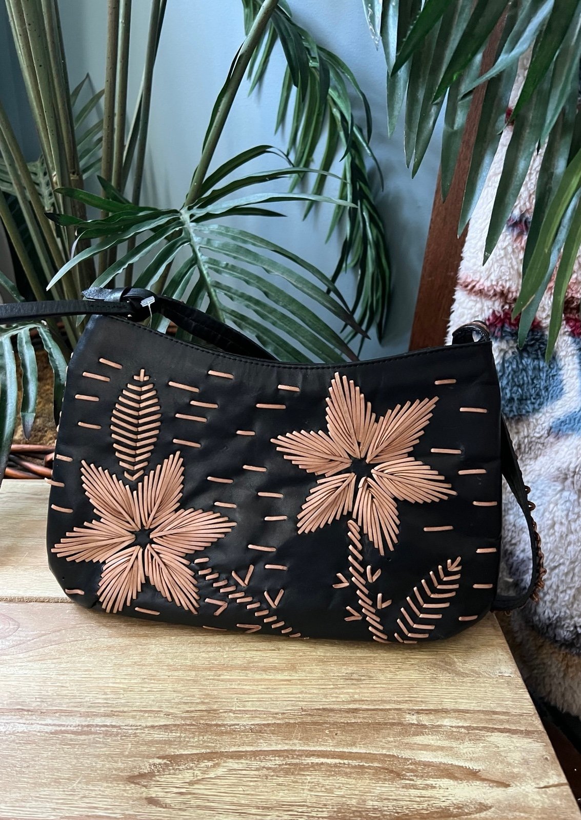 Sharif Genuine Leather Black Bag with Tan Stitched Flowers