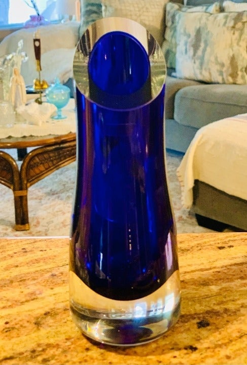 MID CENTURY TARNOW POLAND COBALT BLUE GLASS SWUNG VASE