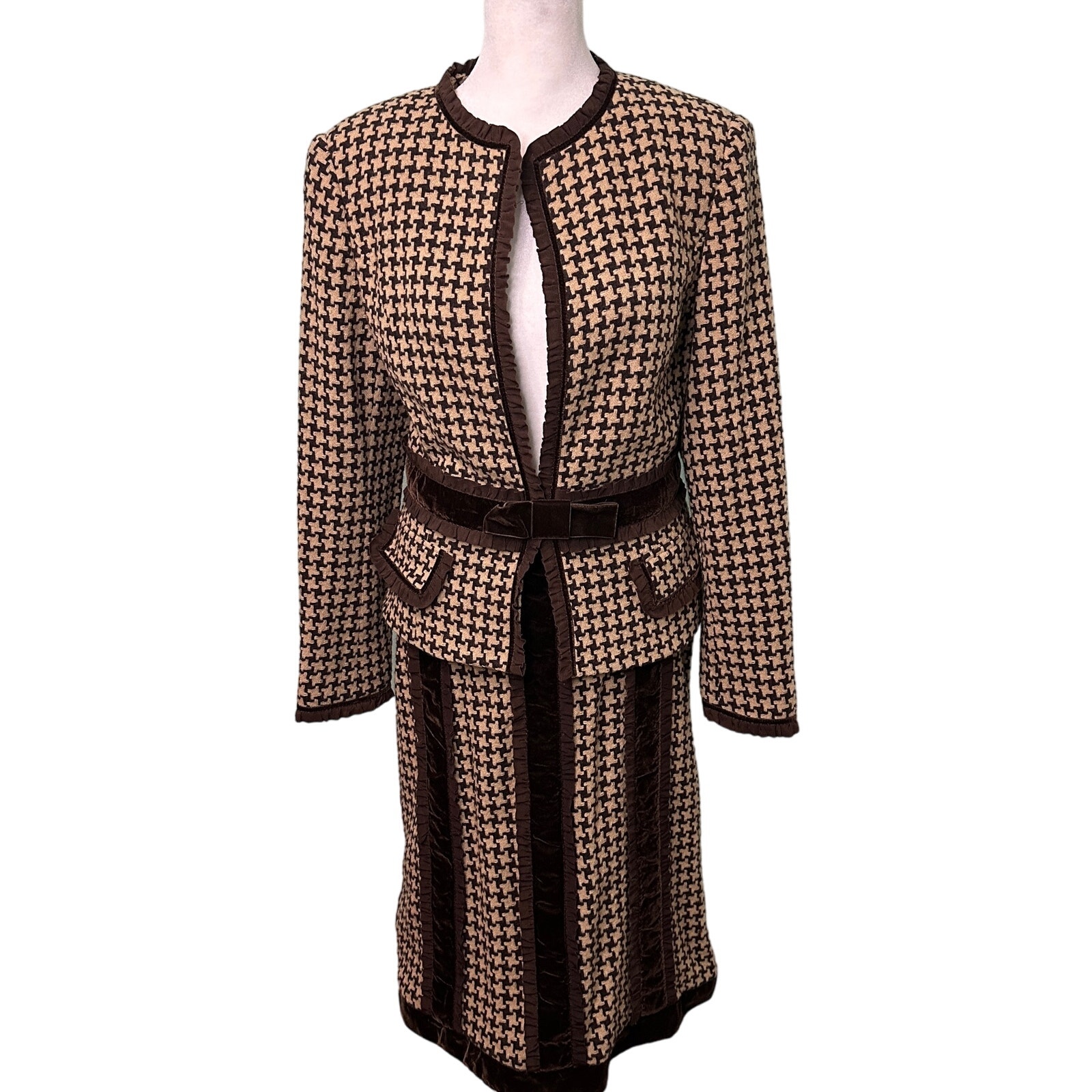VTG Mig Wear New York Houndstooth Wool Brown Velvet 2 Piece Jacket Skirt Set