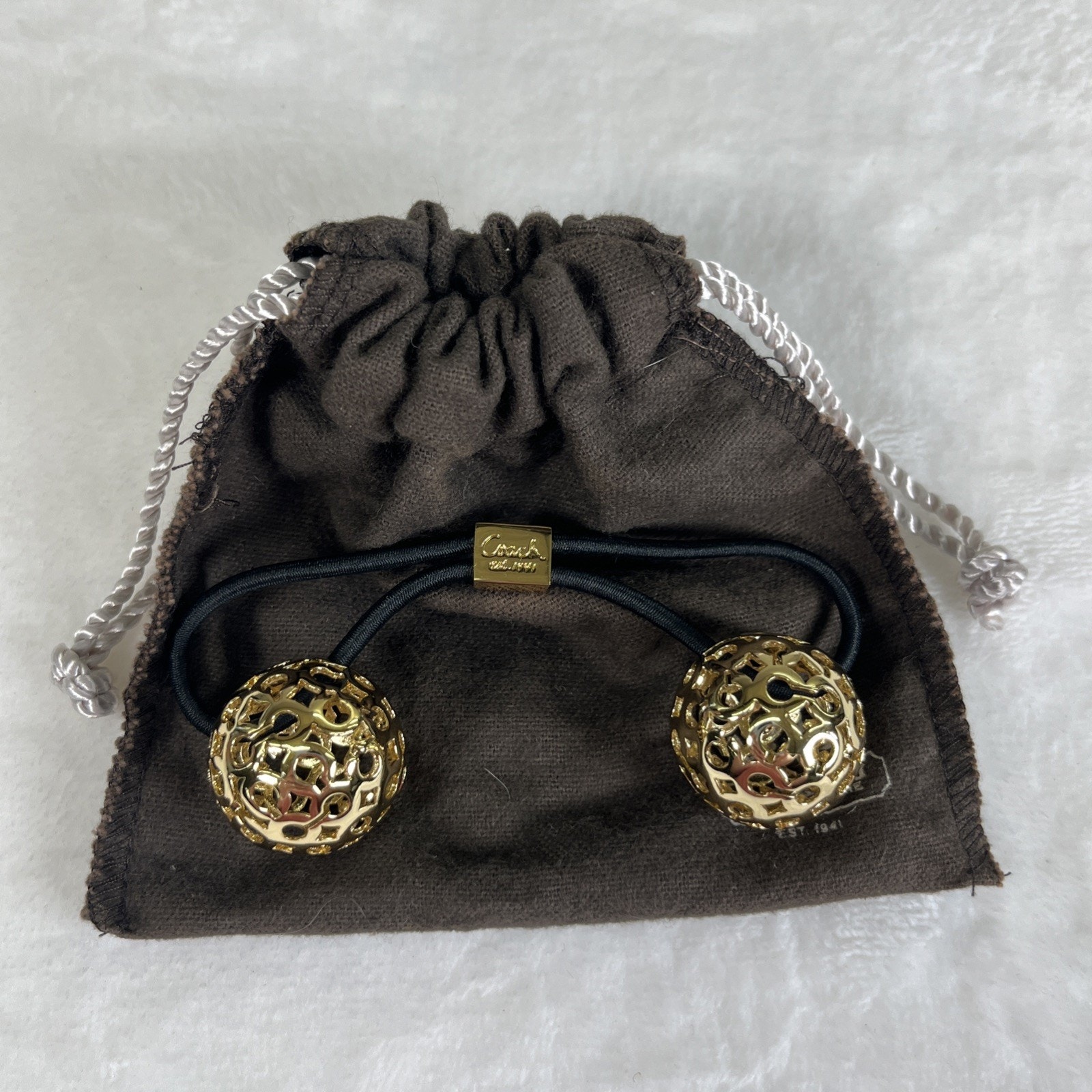 COACH Ball Hair Tie New With Pouch Goldtone Elastic Ponytail Holder Bnfts Chrty