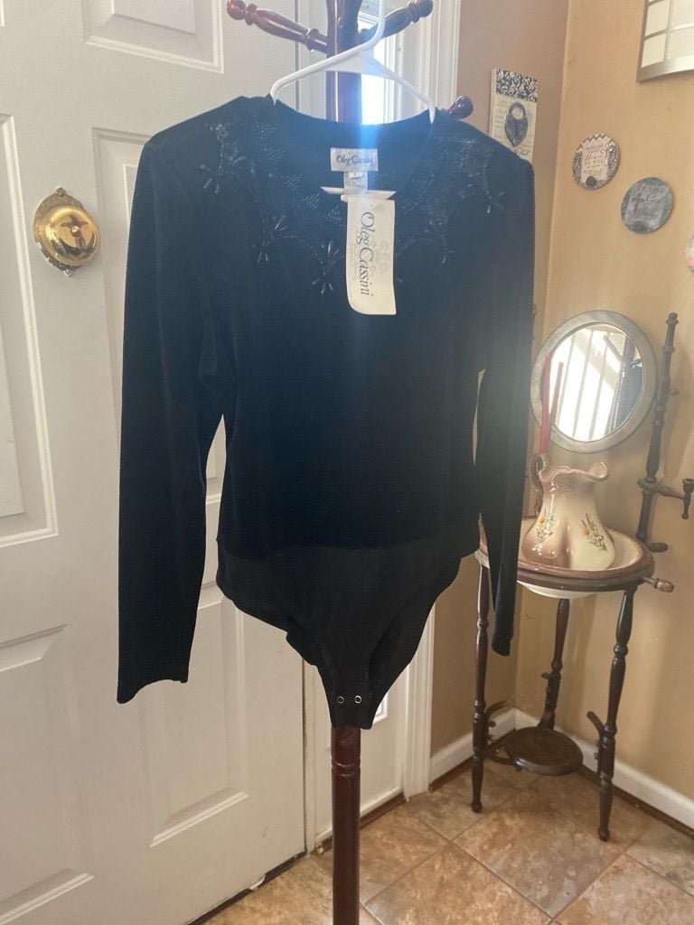 Women's Oleg Cassini Black Beaded Bodysuit Size L