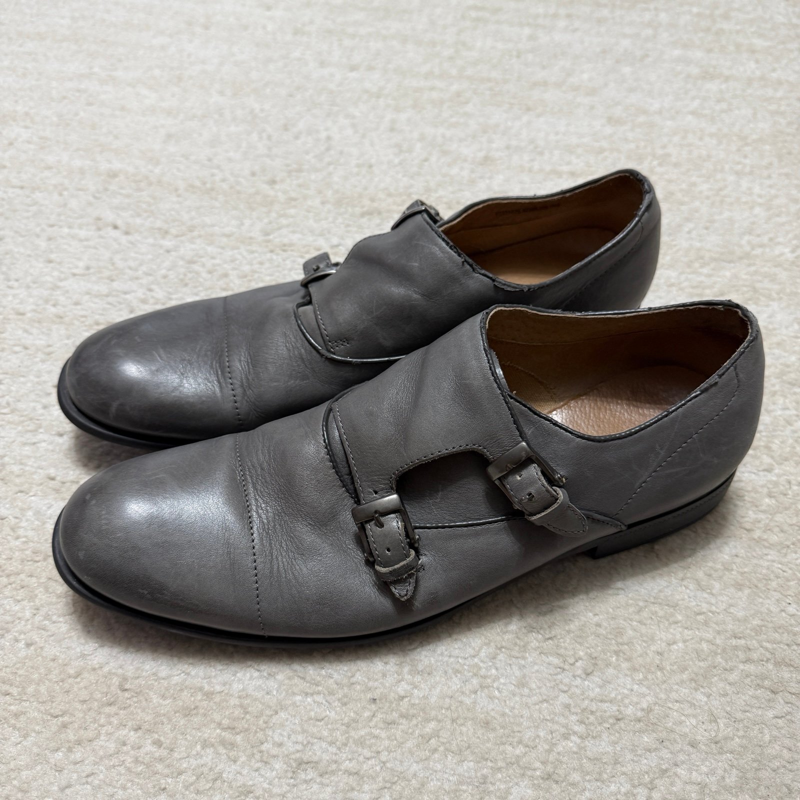 John Varvatos Double Monk Cap Toe Leather Dress Shoes Gray Men's US 10