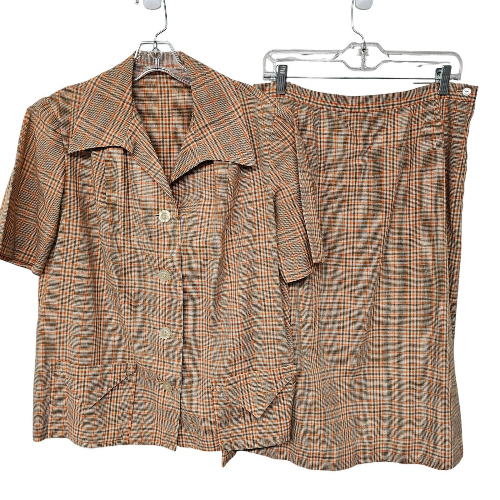Vintage Plaid Shirt Skirt Set Handmade 1960s or 1970s Grandmacore Orange Brown