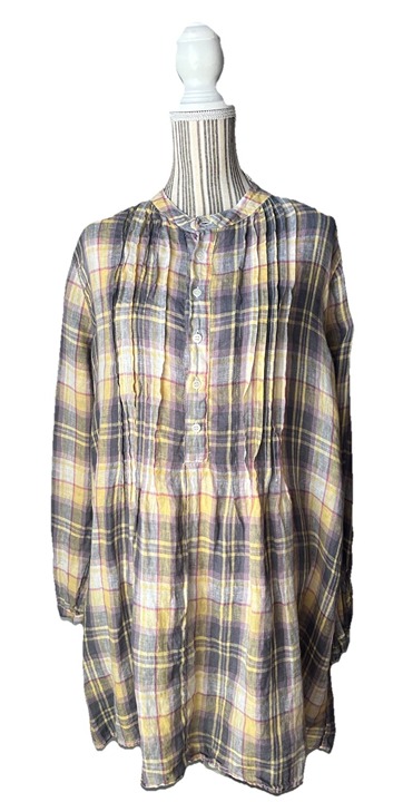 CP Shades Women’s SMALL Plaid PASTEL 100% Linen Tunic Shirt Dress Long Sleeve