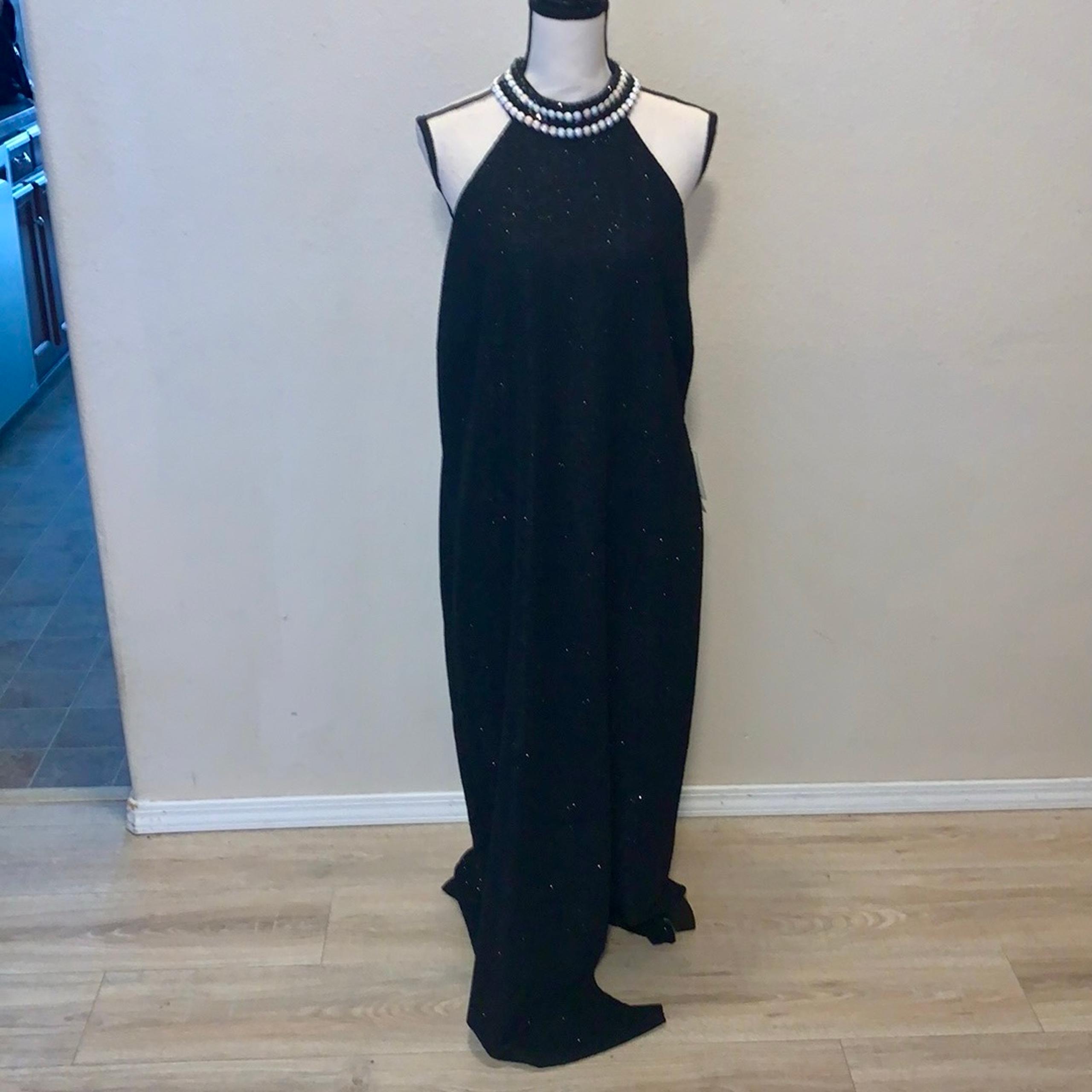 NWT Teeze Me black metallic sparkly Pearl beaded neck evening dress
