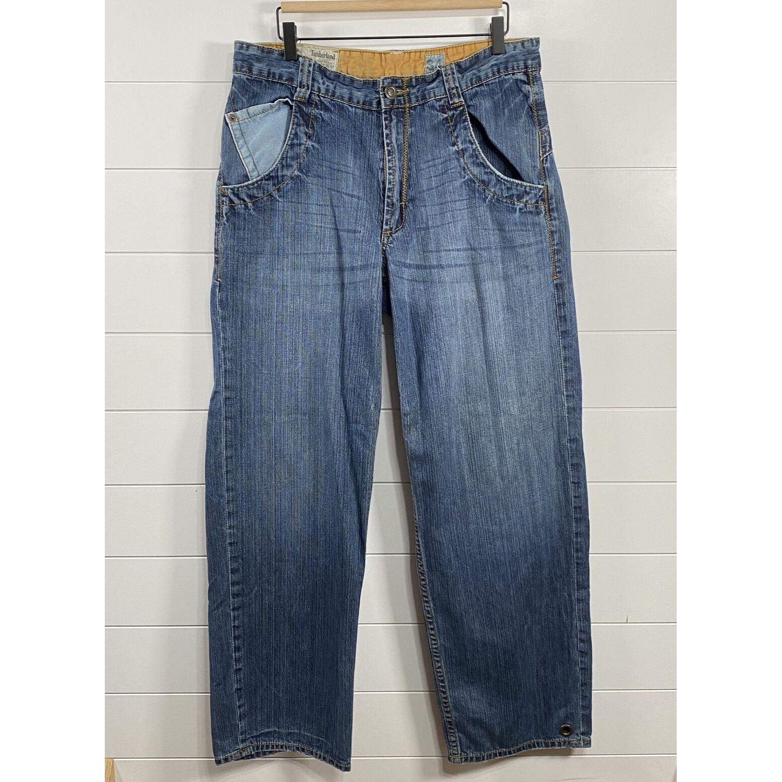 Timberland Mens 100% Cotton Embroidered Logo Baggy Y2K Jeans size 38x32 Blue