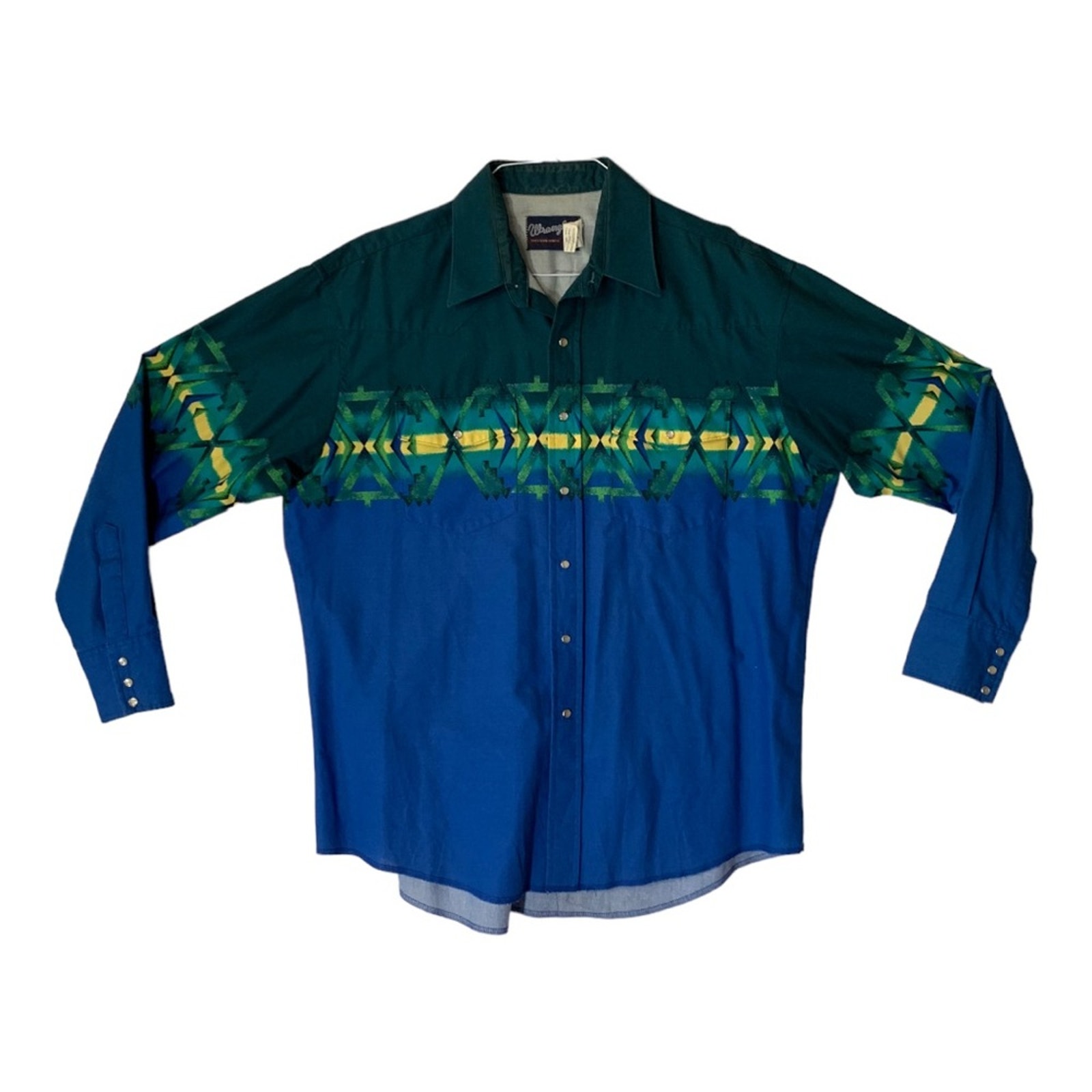 Vintage Wrangler mens XL Aztec blue green yellow pearl snap button down shirt ro