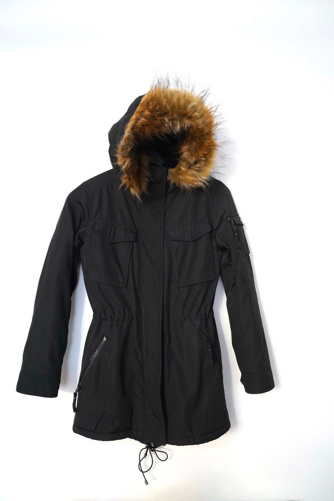 S13 New York Puffer Coat Faux Fur Hood & Line Mid Length Black Jacket Coat Small