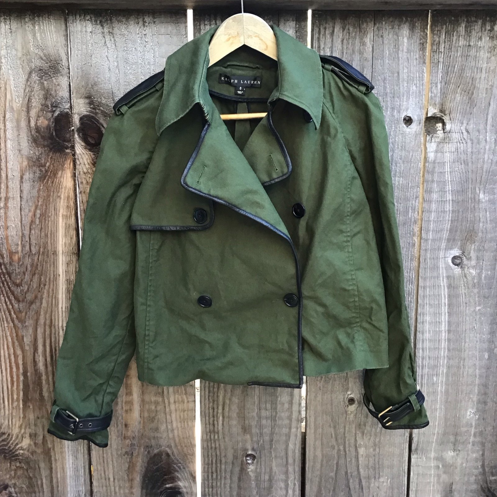 Ralph Lauren black label olive green canvas black leather trim jacket womens 6