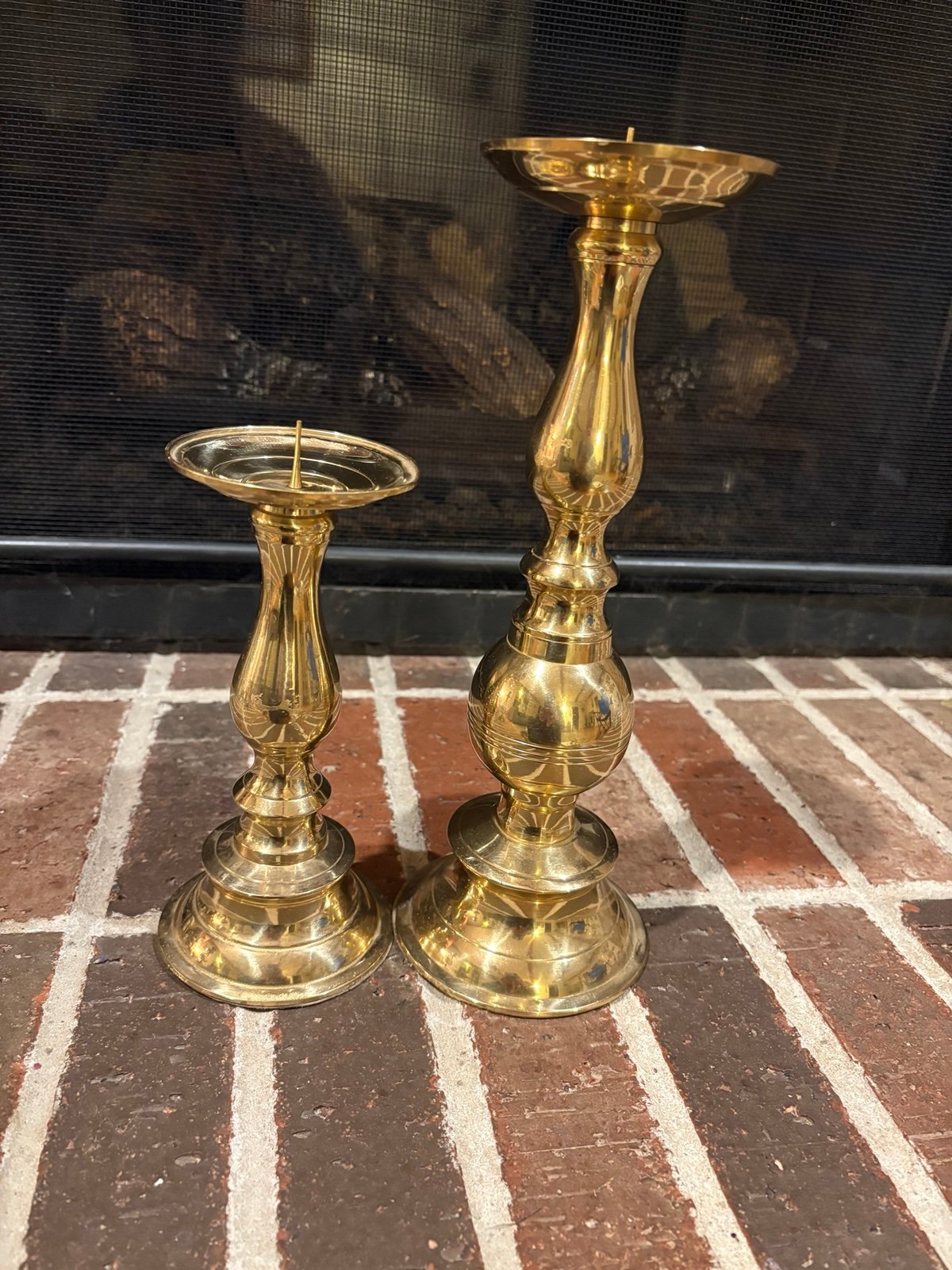 Stunning pIr of vintage gold brass heavy pillar spike candle holders 11.5” and 7