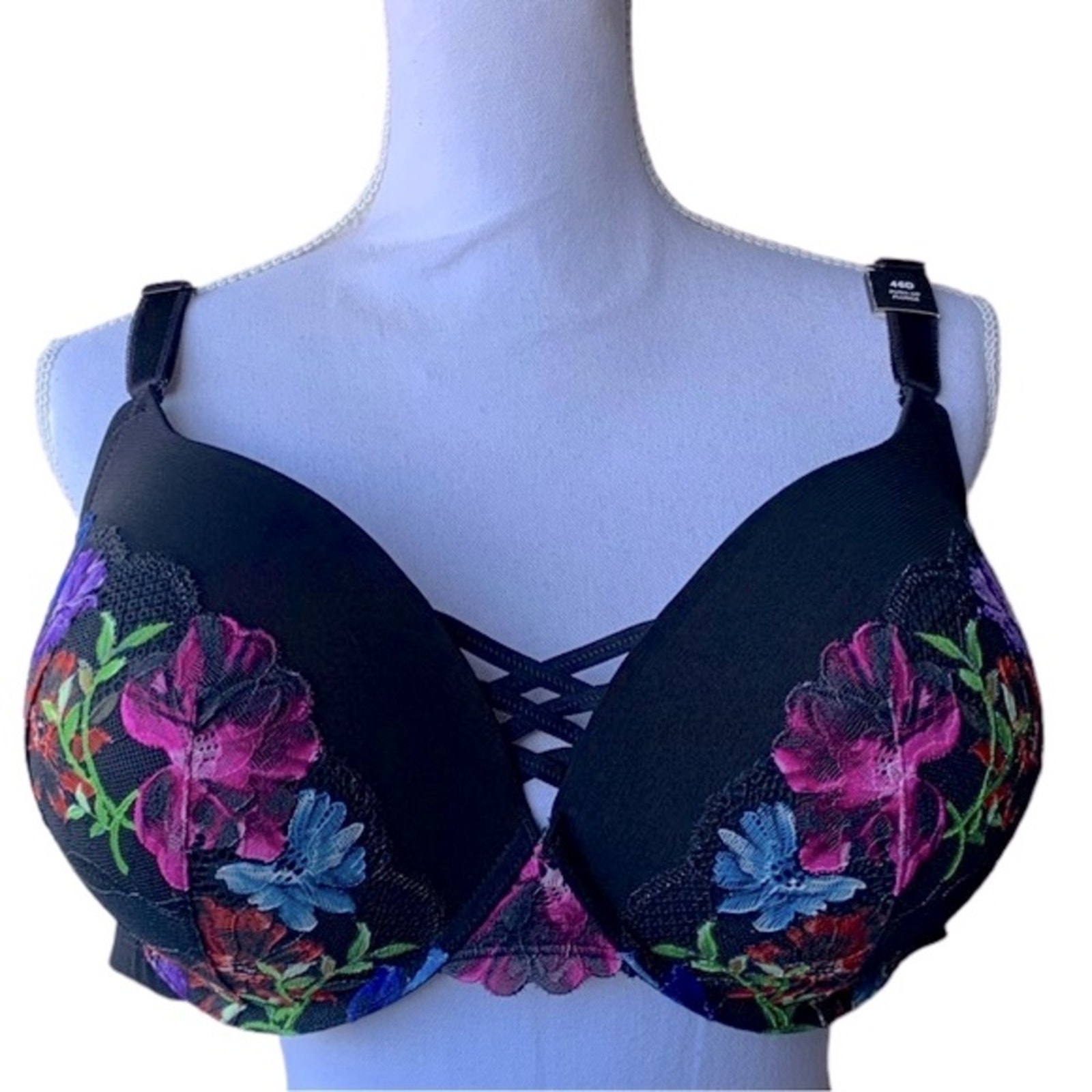Torrid 46D back smoothing XO plunge push up photo floral lace underwire bra 46 D