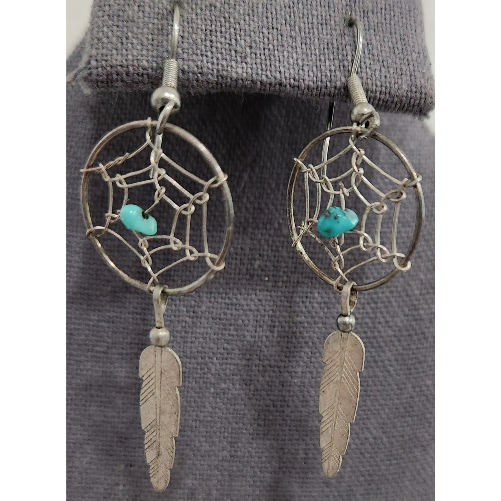 Native American Silver Dreamcatcher With Turquoise Stone Feather Earrings 3
