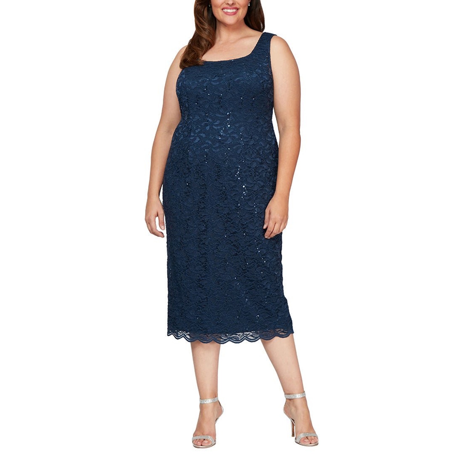 Alex Evenings Lace Cocktail Dress Women's Plus 14W Blue Sleeveless Midi NWT