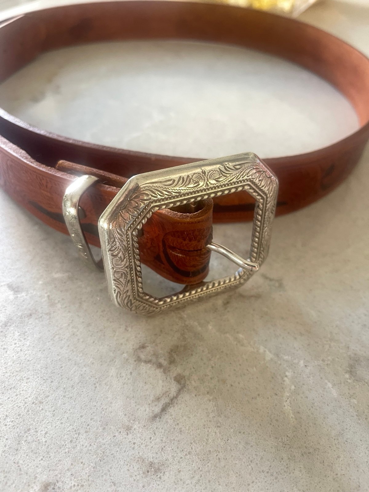 Leather Belt Size 51 Tooled Eagle Design Brown American Hand-Made Western New