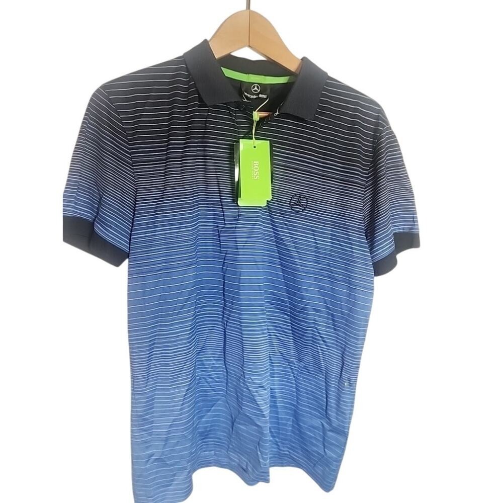 NWT BOSS by Hugo Boss x Mercedes Benz collab blue striped polo golf shirt Large