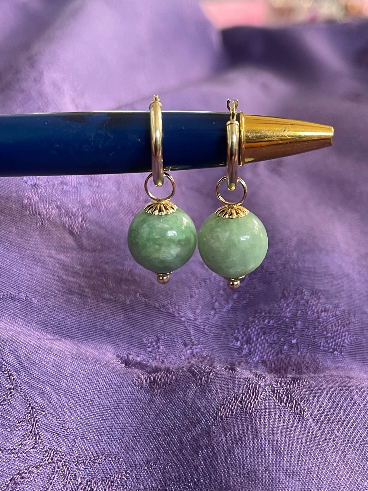 Jadeite 14kt gold 15mm hoop earrings