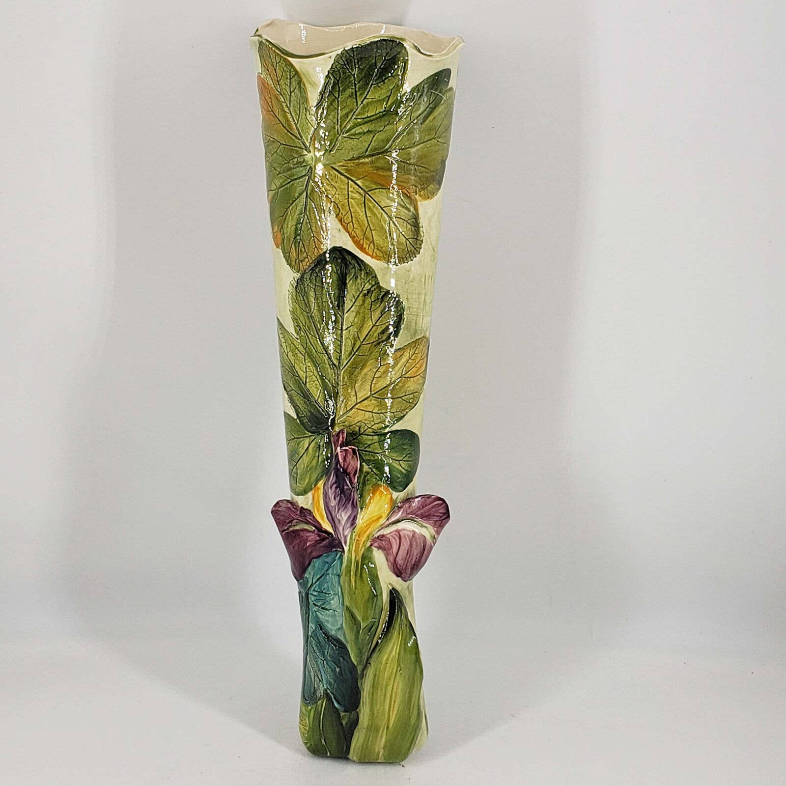 Studio art pottery signed large ceramic wallpocket w/applied flower iris 15