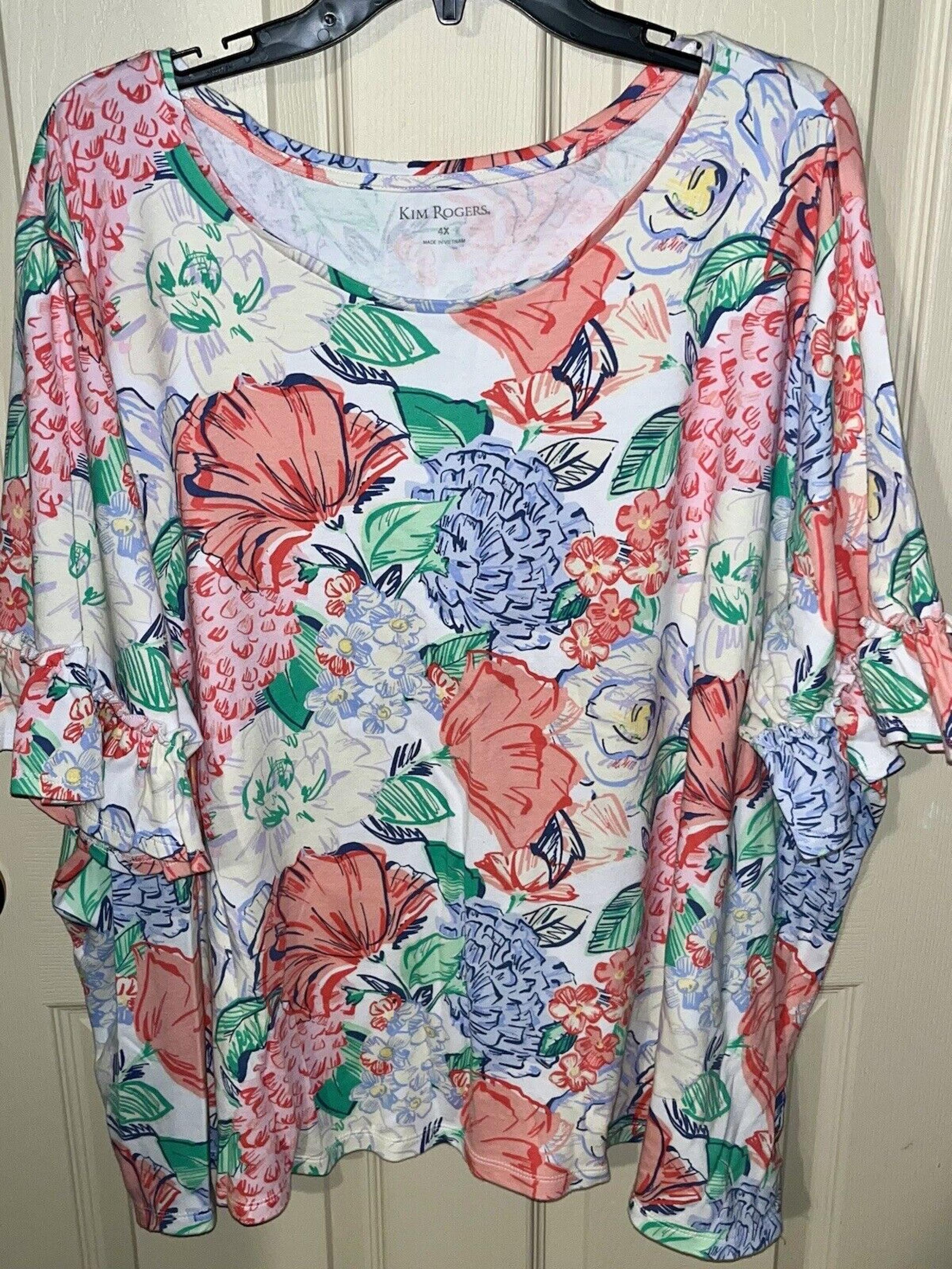NWOT NEW Women’s 4X Kim Rogers Top White Floral Ruffled Short Sleeve Cotton Knit
