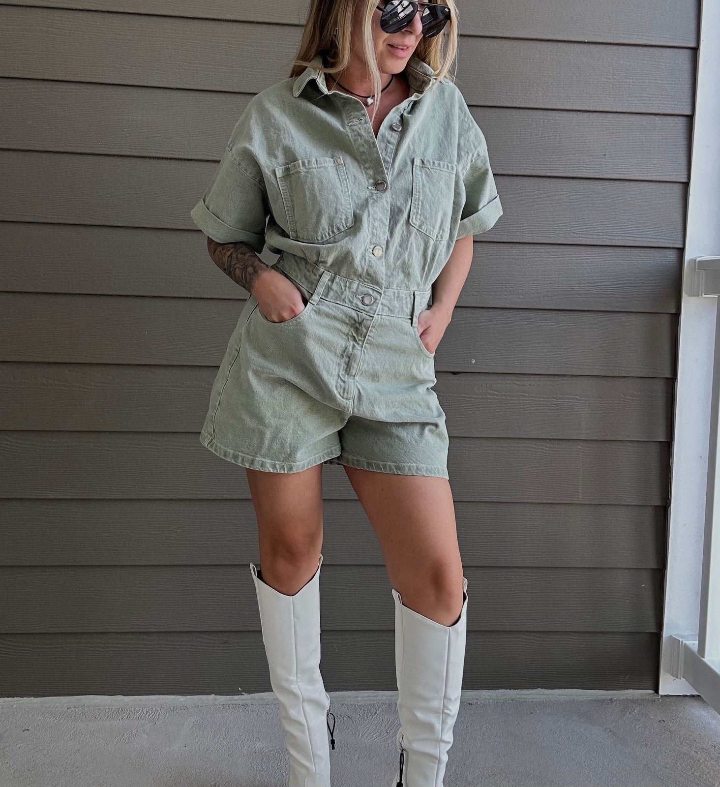 Zara romper jumpsuit denim jeans olive green