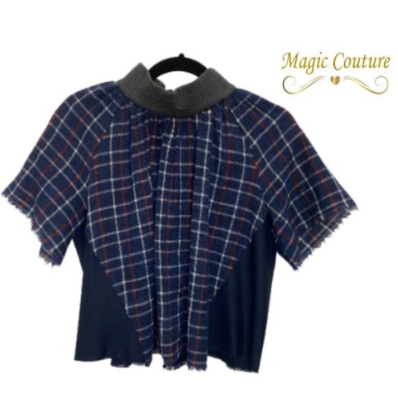 Sea New York High Neck Plaid Short Sleeve Blouse