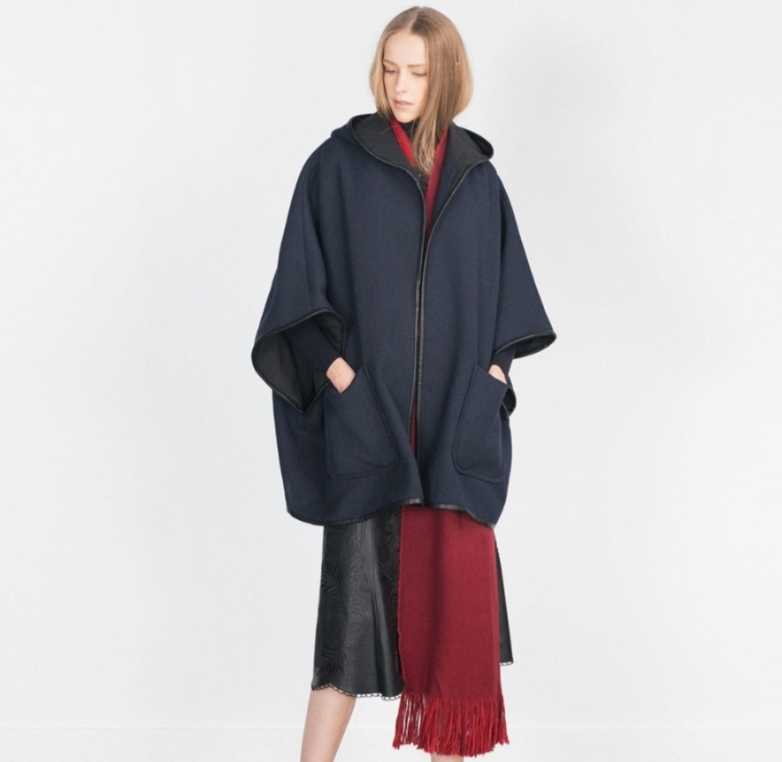 ZARA Women's Wool Blend LINED Hooded Poncho Cape Outerwear, Size S, NAVY BLUE