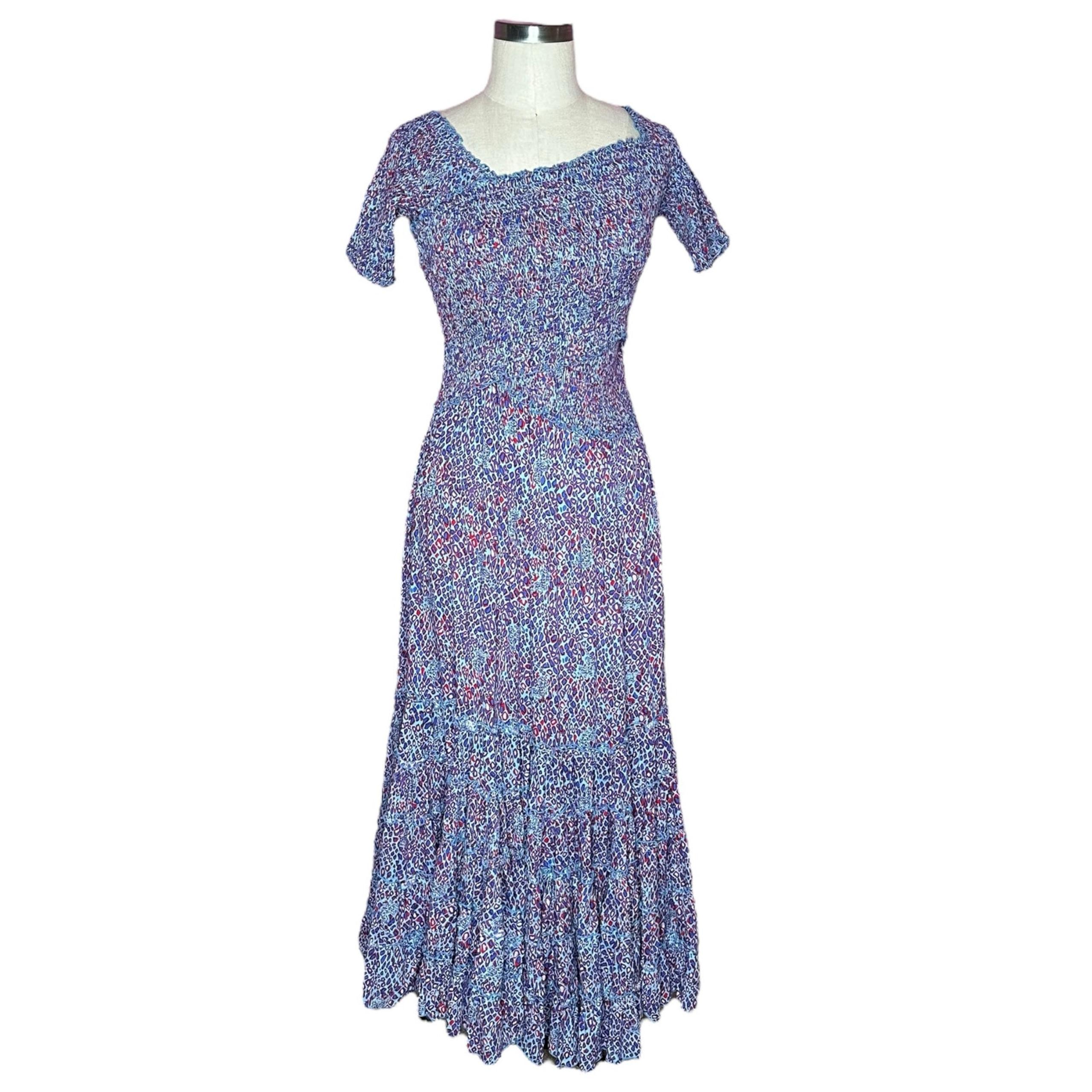POUPETTE ST BARTH Soledad Off Shoulder Blue Red Purple Patterned Midi Dress XS