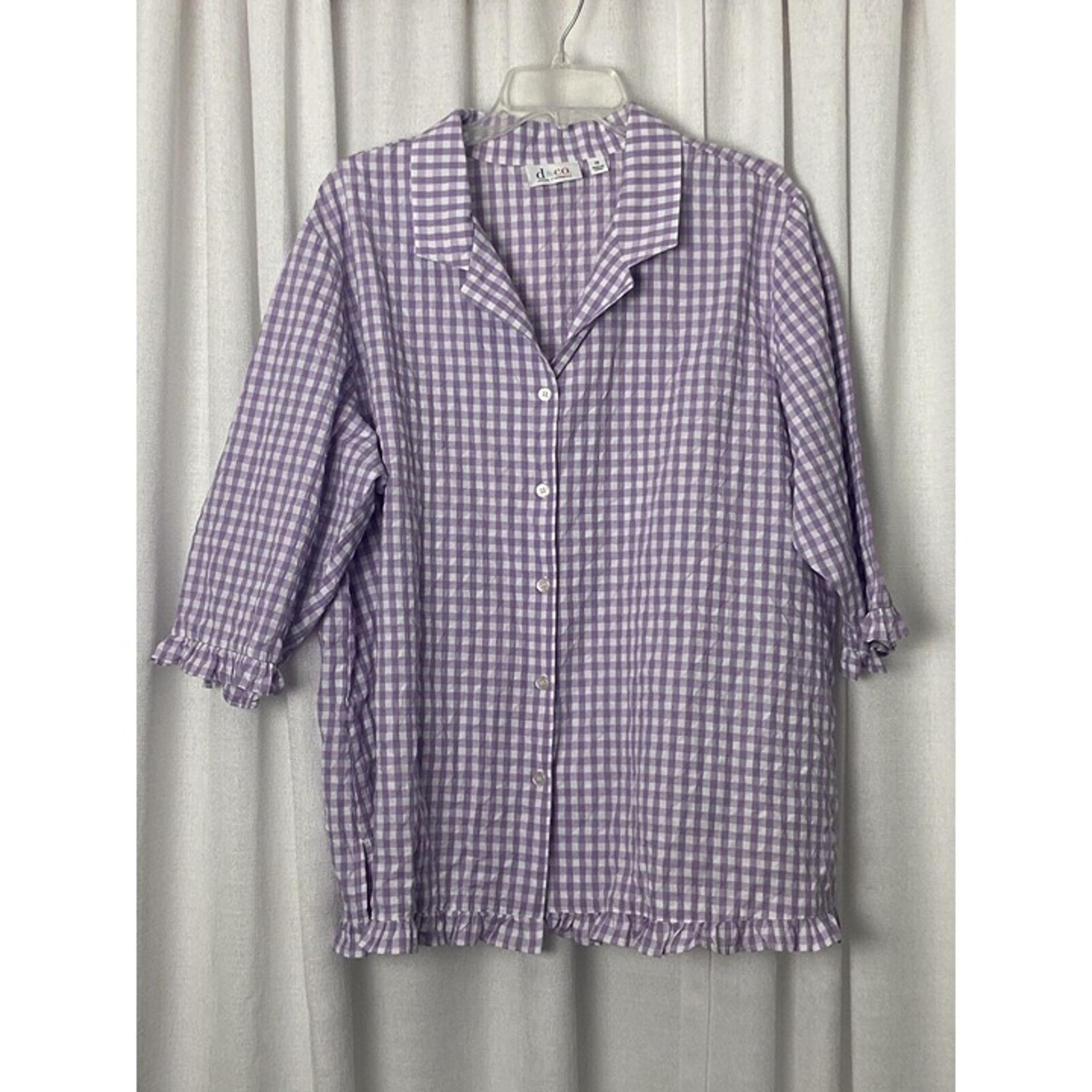 Denim & Co. Womens Gingham Shirt Plus 1X Ruffle Trim Button Down Shirt Lavender