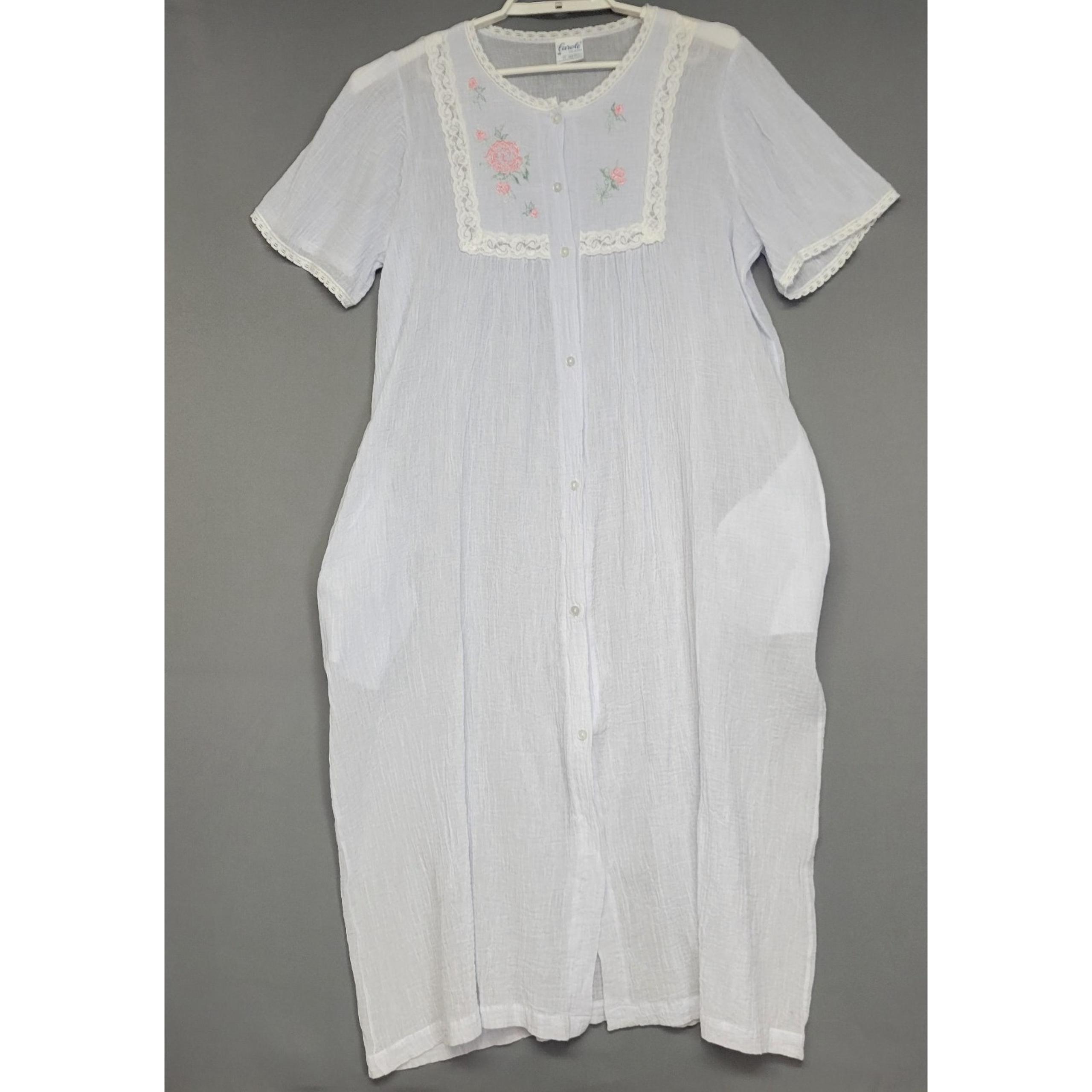 Vintage Carole Nightgown Womens M Blue Semi Sheer Crinkle Embroidered Buttons