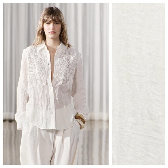 NWOT. Zara ZW Collection Ecru Spun Linen Blend Crochet Collared Shirt. Size XL.