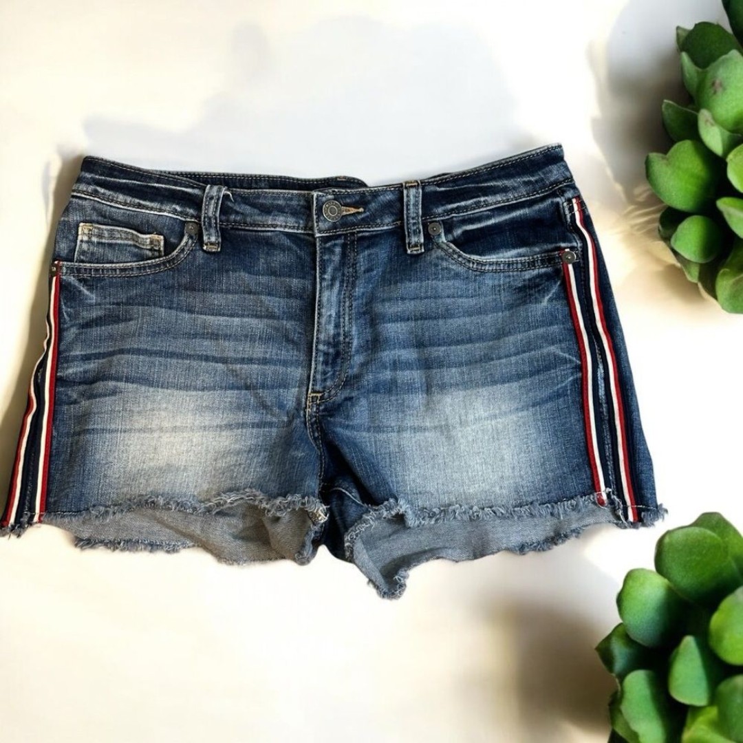 Miss Me Mid Rise Red White Blue Strip Denim Shorts 29