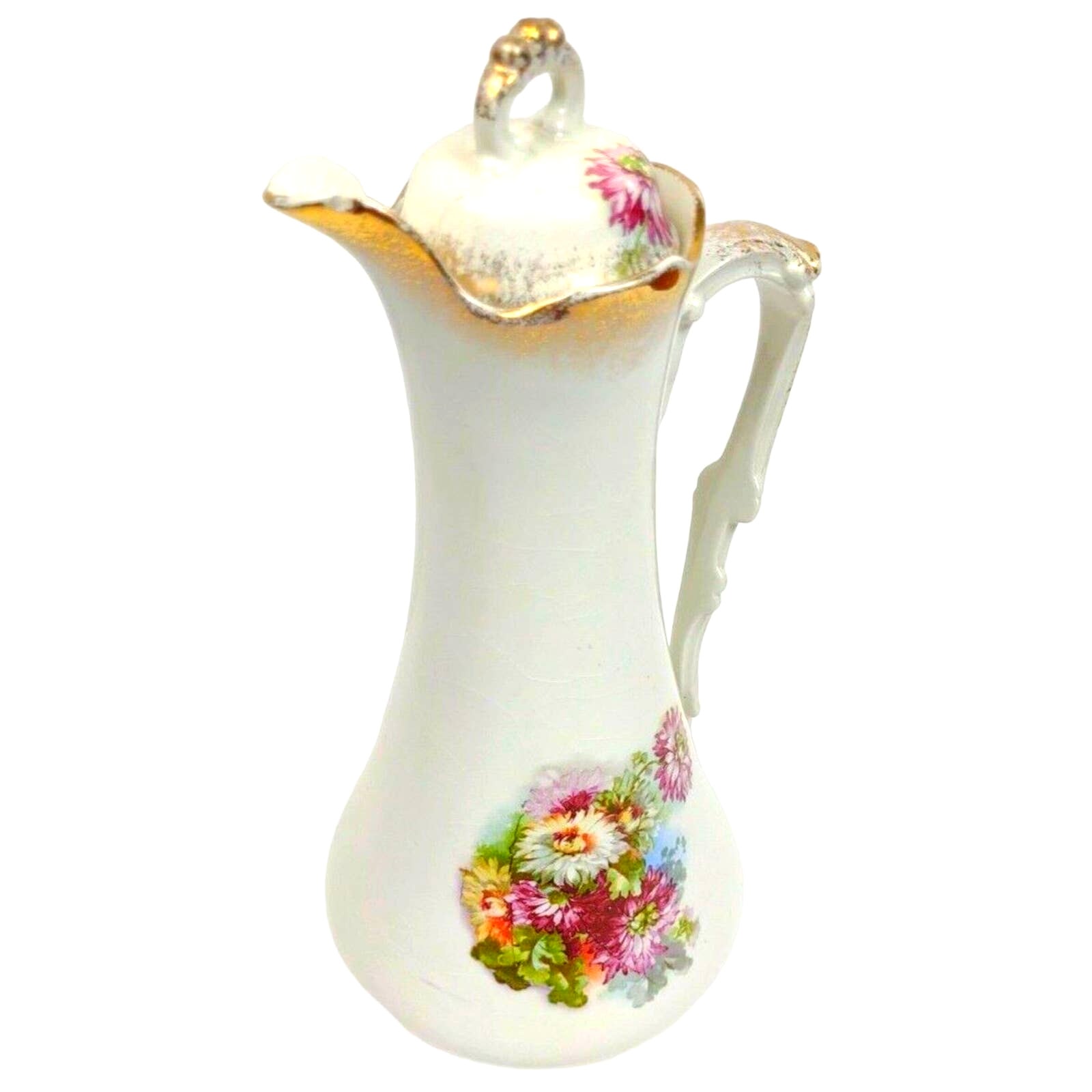 Antique Nippon Chocolate Coffee Pot Hand Painted Pink Flower w Gold Accents