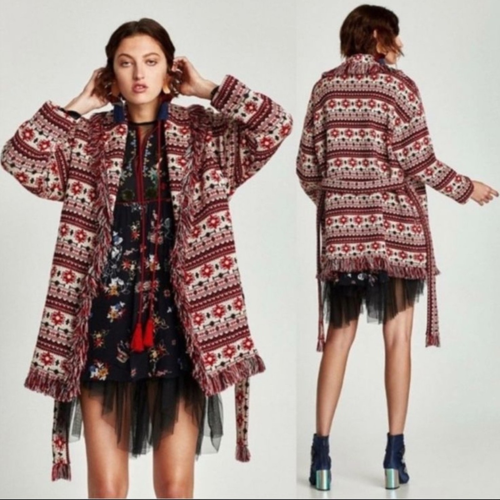 NWOT Zara Woman Red Belted Fringed Tibetan Sherpa Jacket