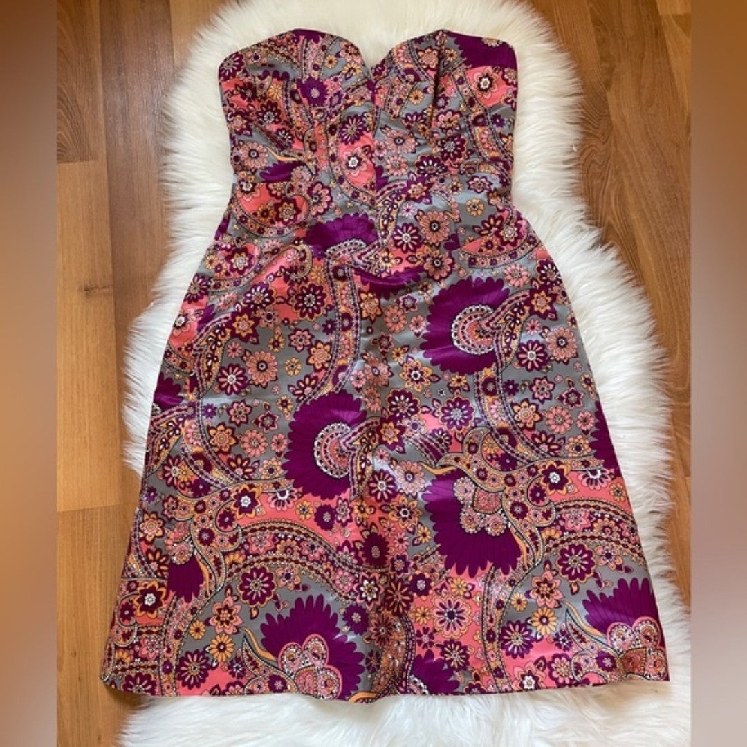 French Connection Floral Silk Strapless Dress Size 8 Pink & Gray