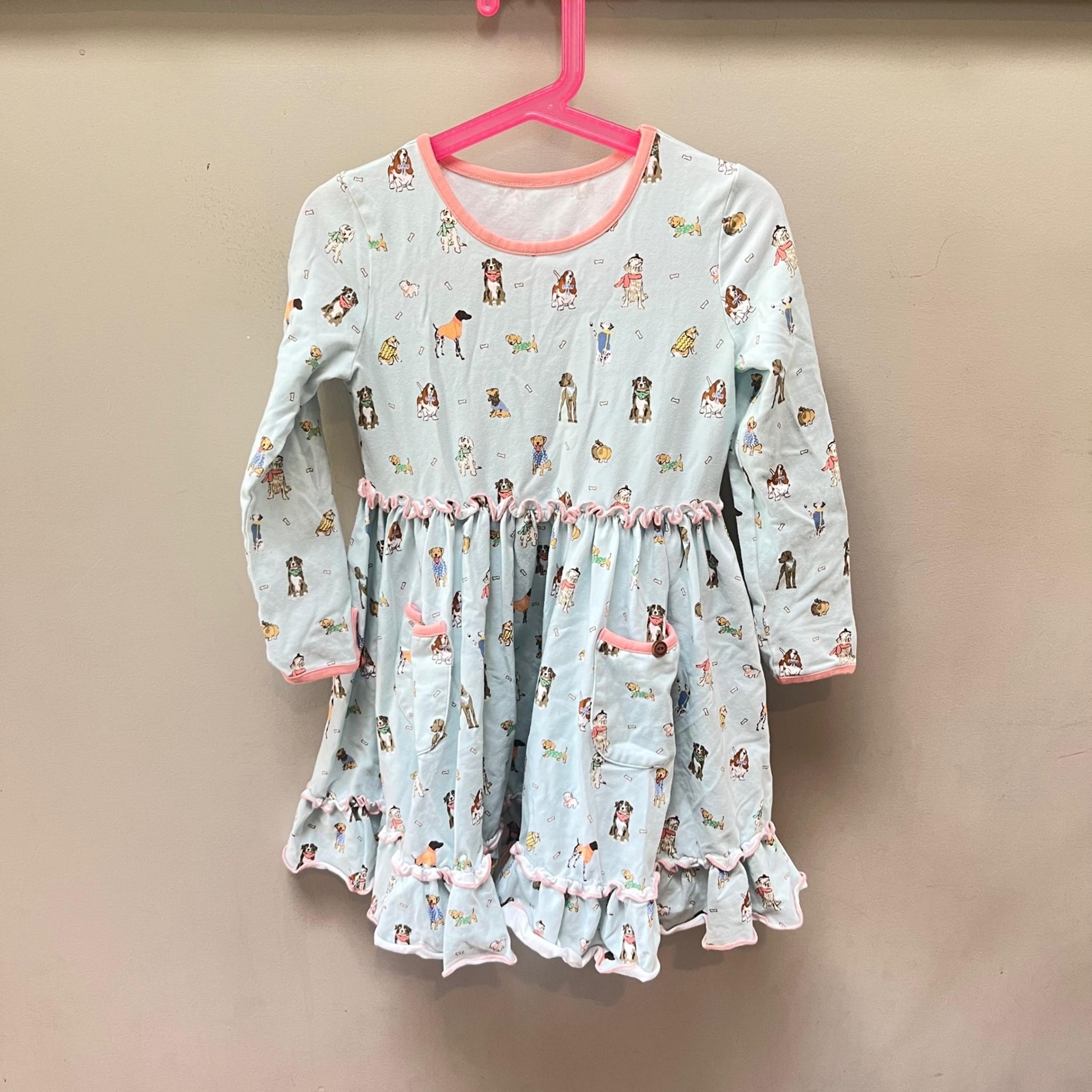 Serendipity Shrimp & Grits Dog Print Dress Long Sleeve Ruffle Pockets Size M