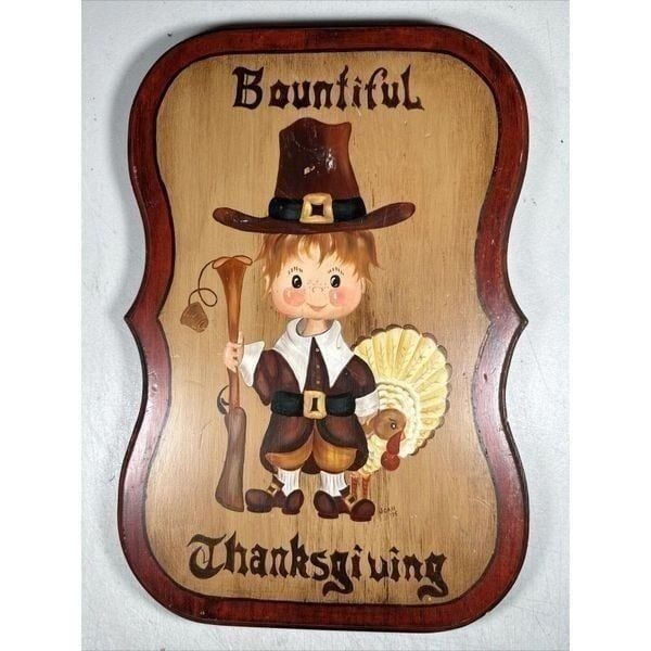 Vintage 1975 Handmade | Bountiful Thanksgiving Pilgrim | Wooden Wall Art
