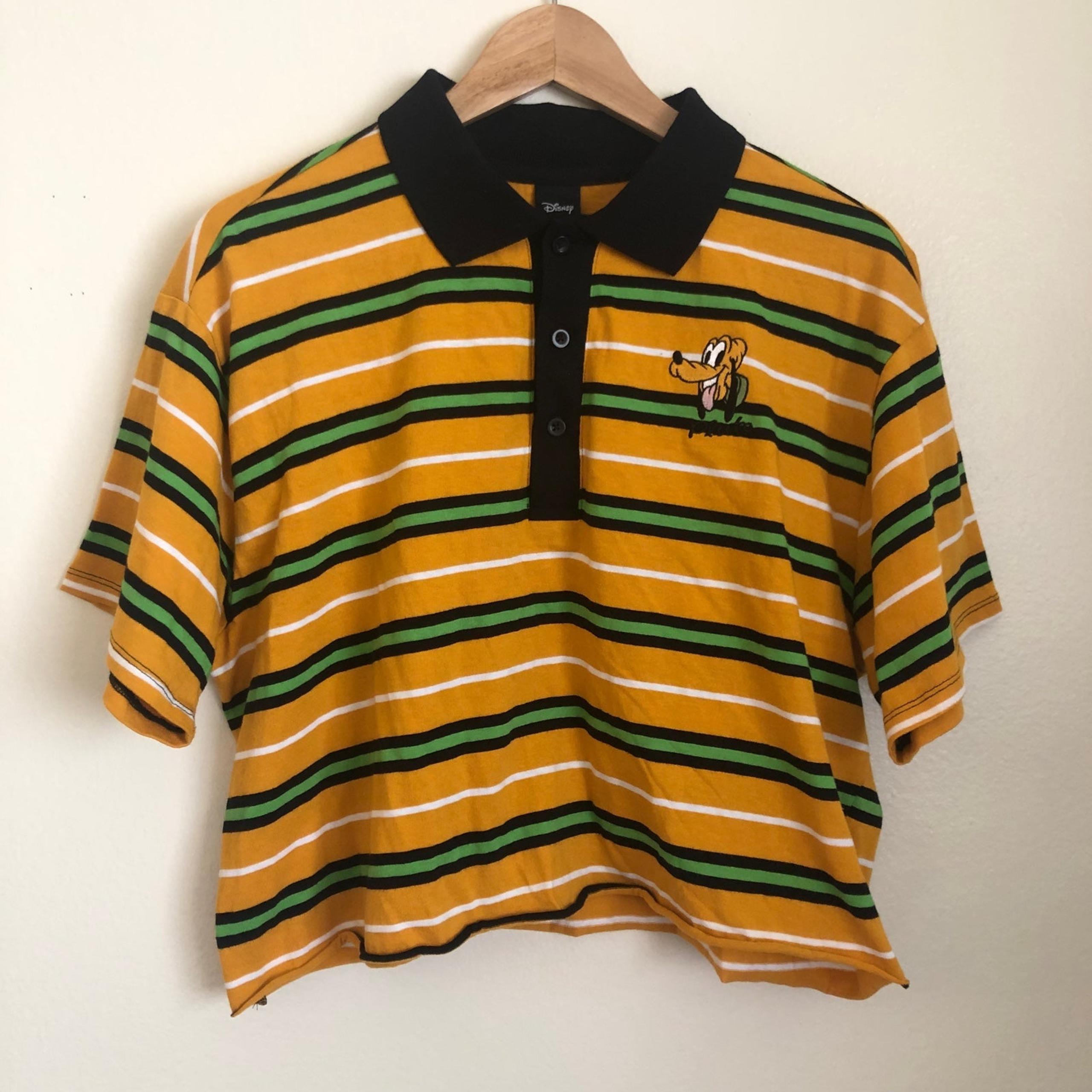 Disney Pluto Women's Size MD Crop Top Polo Shirt Yellow Black Strip Short Sleeve