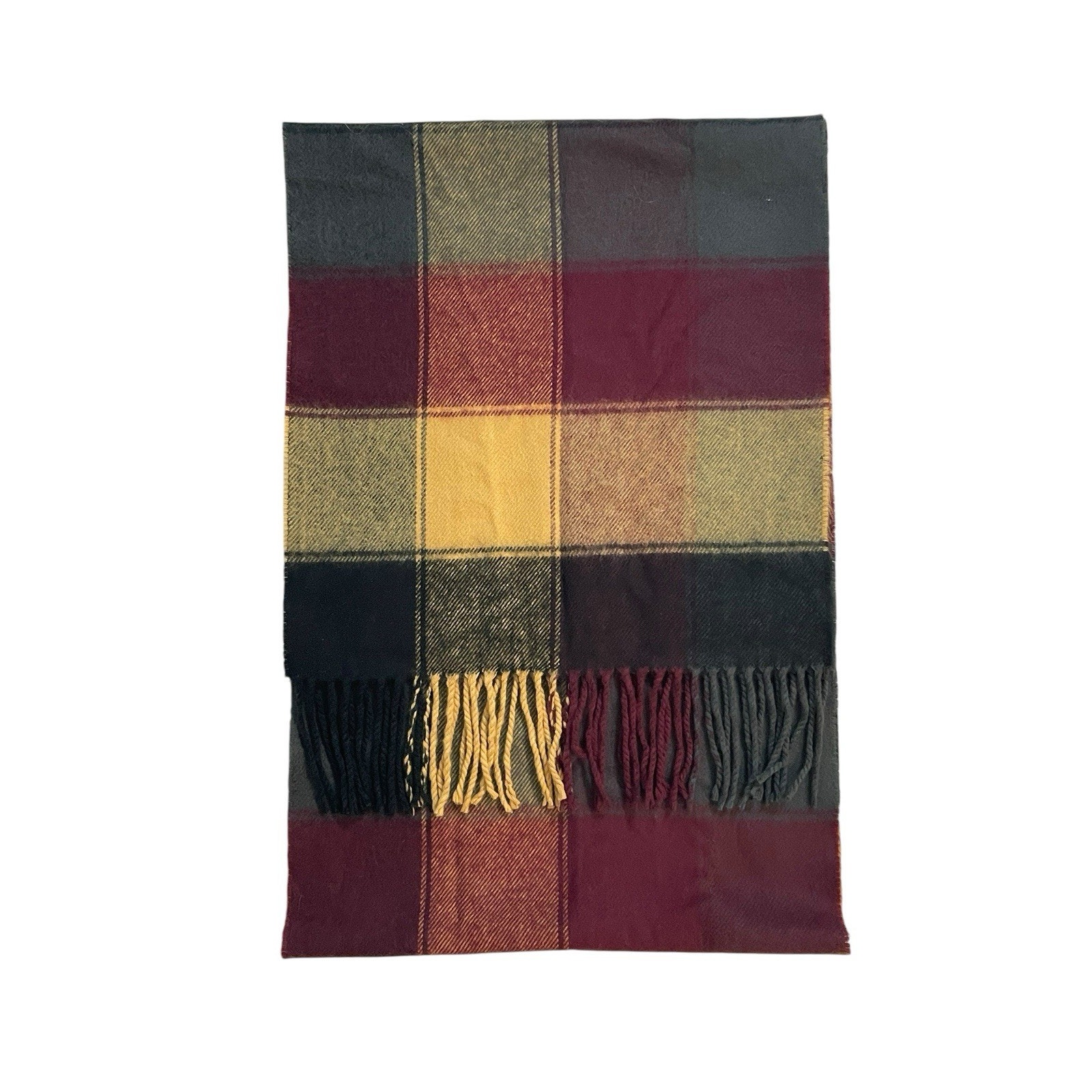 100% Cashmere Scarf Made in England Check Plaid Green Red Yellow Soft Preppy